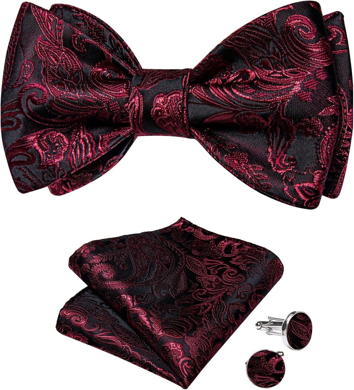 Dibangu Mens Silk Self Bow Ties,Woven Solid Striped Paisley Bowtie and Pocket Square Cufflinks Set for Men Tuxedo Wedding