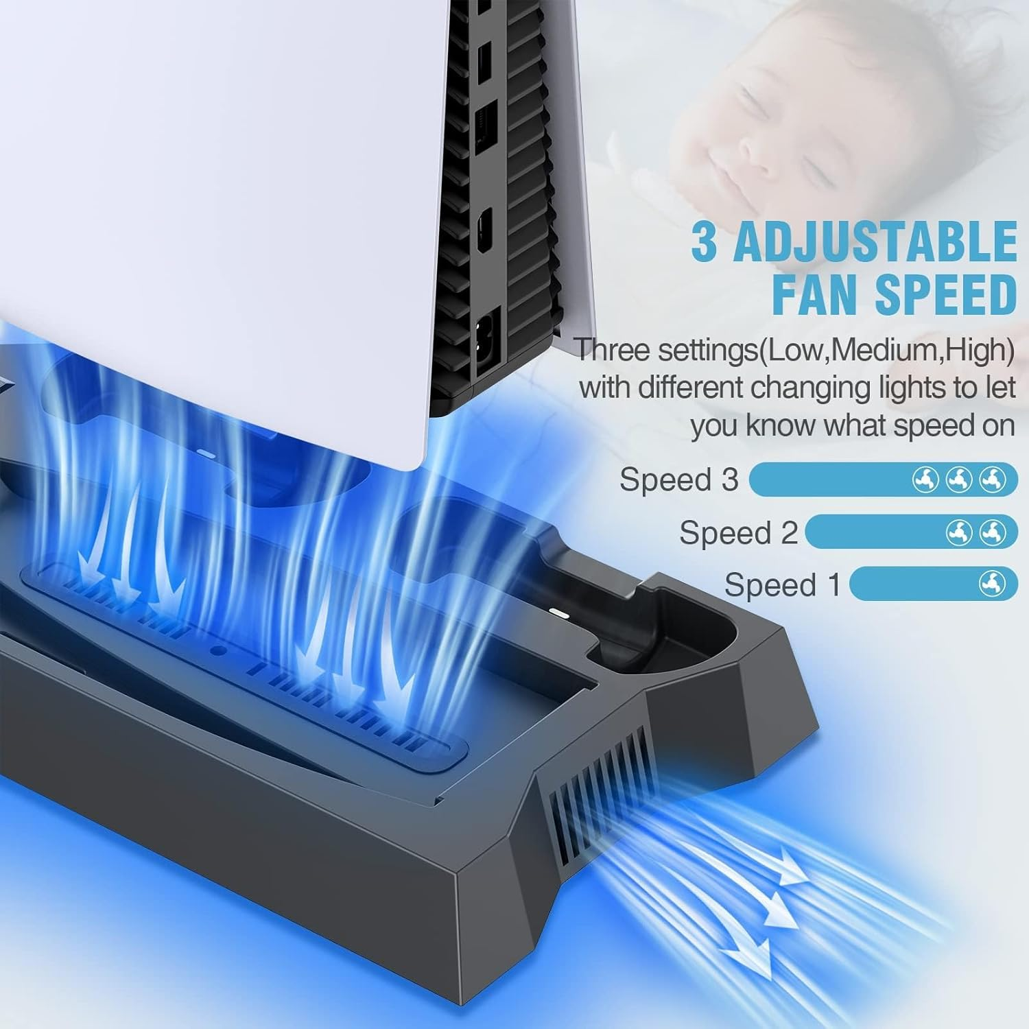 PS5 / PS5 Slim Stand and Cooling Station with Dual Controller Charging Station for Playstation 5 Console, PS5 Accessories Incl. Controller Charger, Cooling Fan, Headset Holder, 3 USB Hub, Screw-Black image number 4