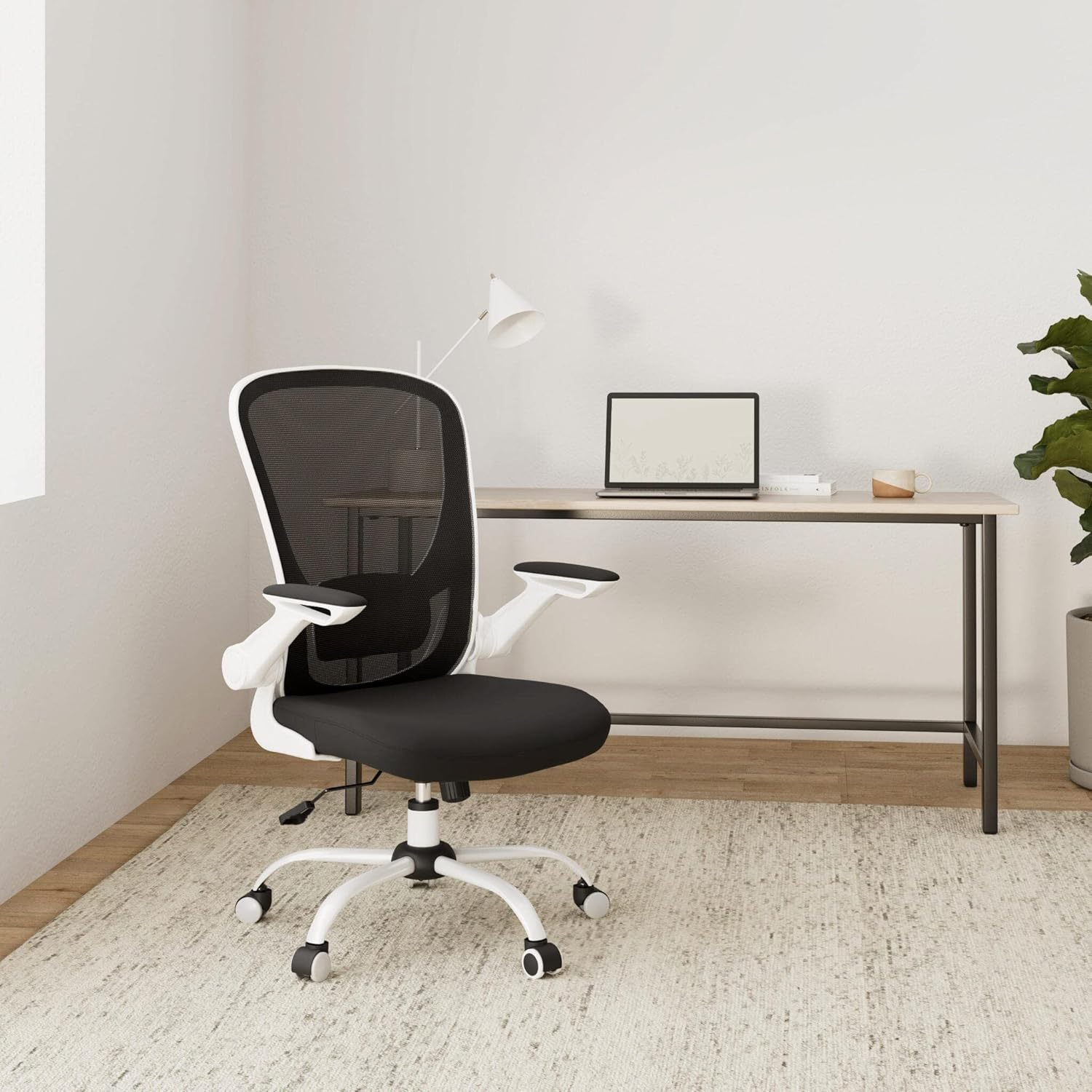 SONGMICS OBN37WT Office Chair, Swivel Chair with Mesh Covering, Ergonomic, Padded Lumbar Support, Rocker Function, 53 Cm Seat, Folding Armrests, Black and White image number 6