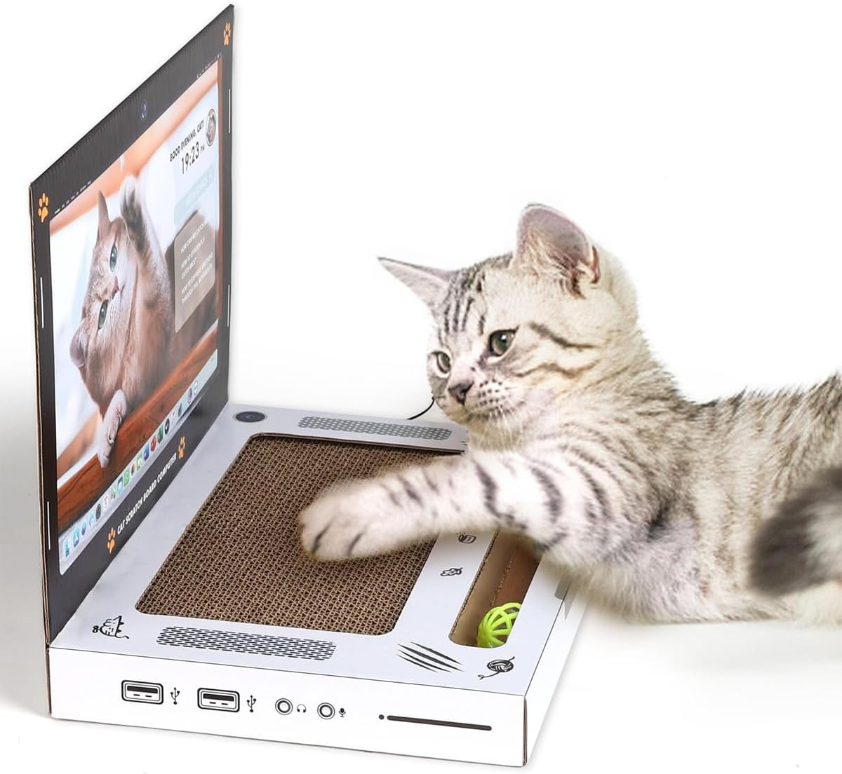 Enwye Laptop-Shaped Cat Scratching Pad with Plush Old Mouse Durable Corrugated Cardboard Foldable Space-Saving Design Control Scratching Pressure image number 3