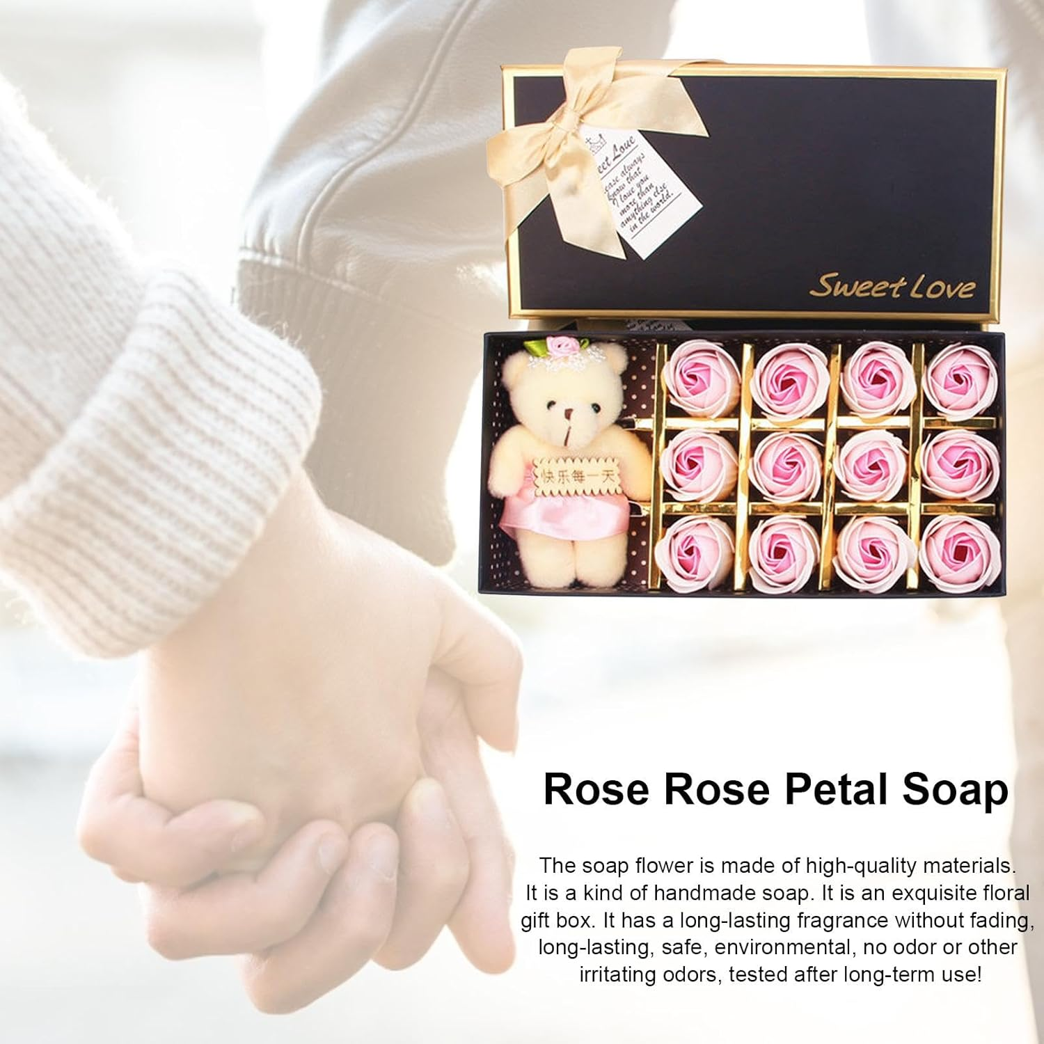 Misaakoeq Floral Scented Bath Soapbar Flower Petals | 12 Petals Shaped Soapbar with Bear Doll | Romantic Cute Soapbar for Women Teens Girls Mom - White Powder image number 2