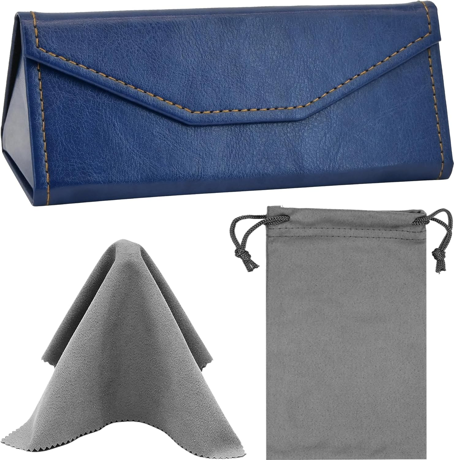 Foldable Eyeglass Case with Cleaning Cloth & Pouch - Magnetic PU Leather Glasses Case - Portable & Lightweight Sunglasses Storage Triangular Fold Reading Glasses Eyewear Protector Box for Men & Women