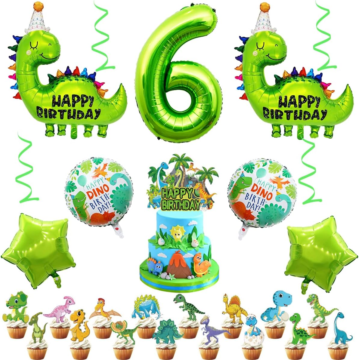 6Th Dinosaur Birthday Balloons Big Cute Dinosaur Aluminum Foil Balloon Number 6 Mylar Balloon for Dino Themed Party Boys Girls Birthday Decor - Green - 3 image number 2