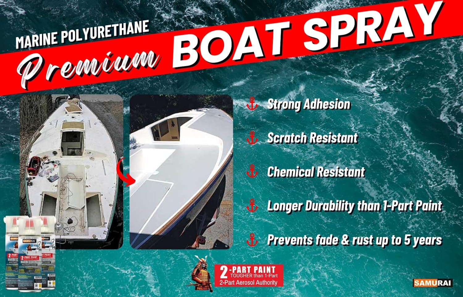 Samurai 2-Part Polyurethane Spray Paint for Marine - 11.3 Ounce UV Resistant and Rust Resistant Polyurethane Spray Paint (FLAT BLUE, Pack of 1 Can) image number 2