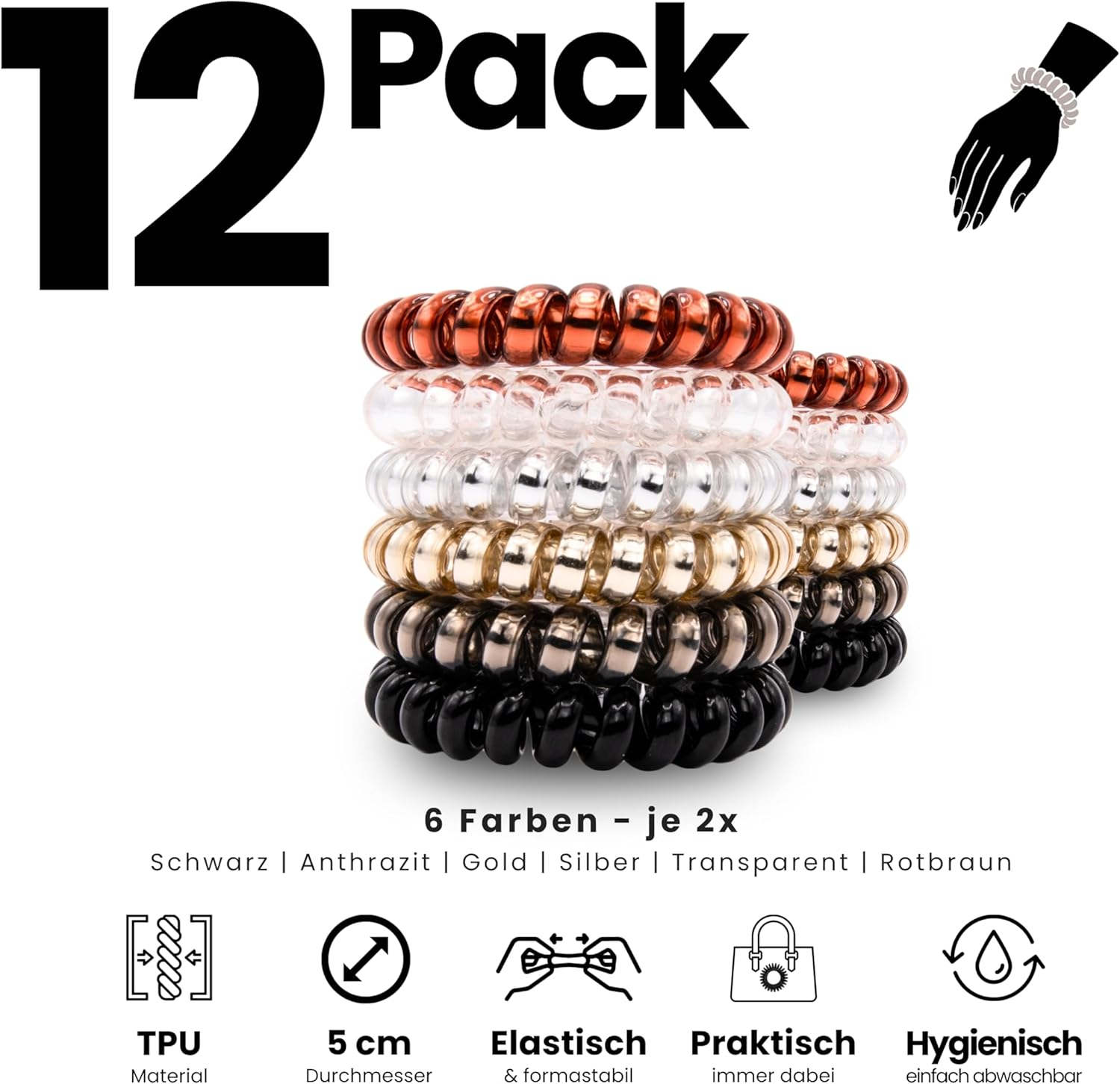 Specora - Spiral Hair Scrunchies Pack of 12-5 Cm TPU - 6 Colours Each 2 Pieces Black | Transparent | Anthracite | Red/Brown | Gold | Silver image number 3