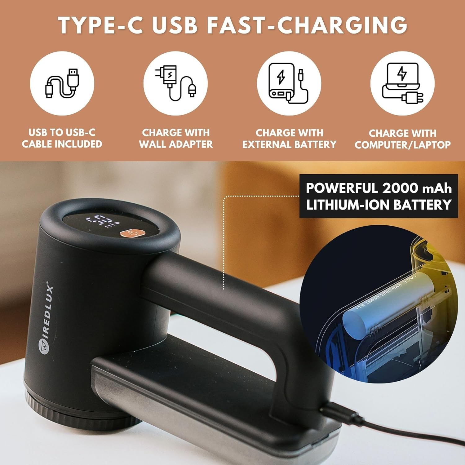 Electric Lint Remover Wiredlux - Rechargeable Fabric Shaver Bobble Remover for Clothes & Furniture - Adjustable 3-Speed, 6-Leaf Blade, LED Display, USB Charging (Black) image number 4