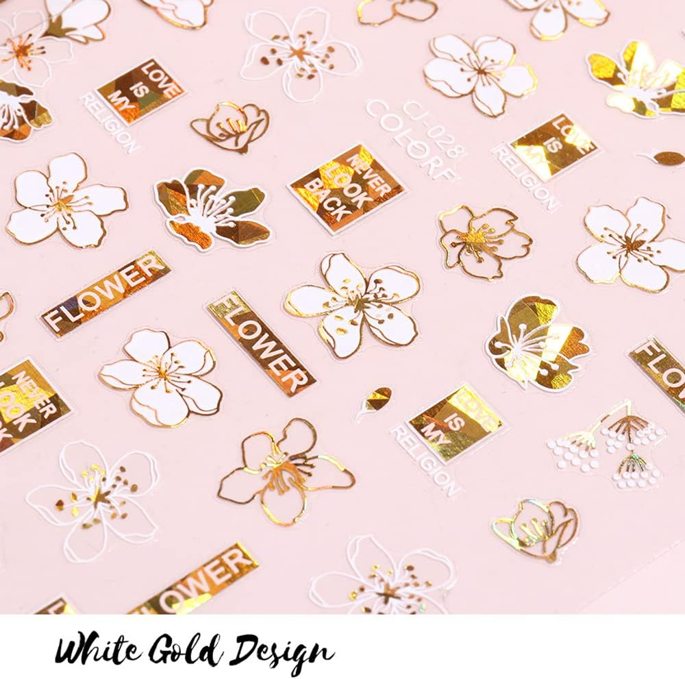 Flower Nail Stickers, 3D Metal Gold Spring Nail Decals Metallic Gold White Cherry Blossoms Leaves Bees Flowers Spring Nail Art Design DIY Nail Decoration for Women Kids(9 Sheets) image number 6