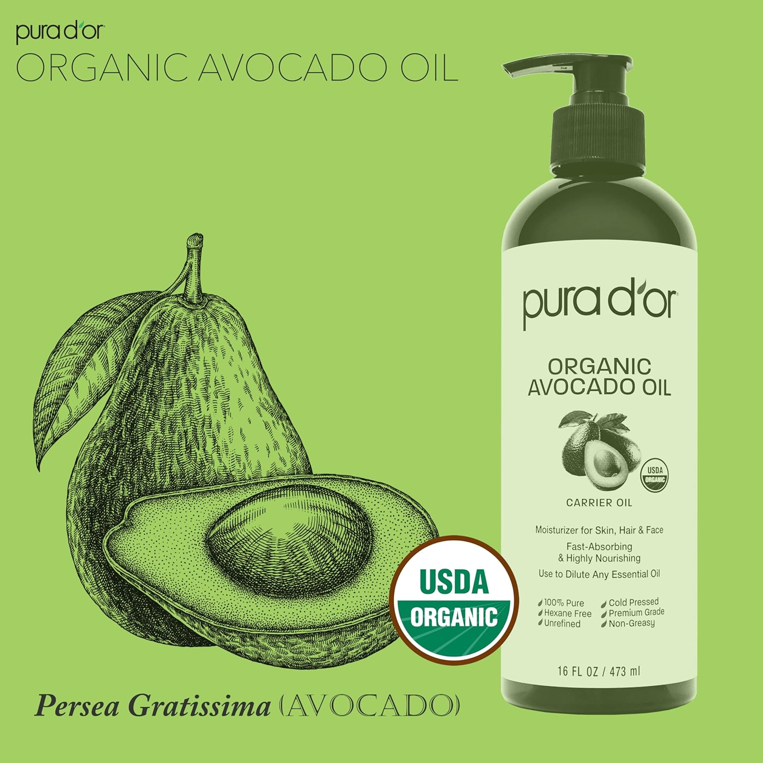 PURA D'OR 16 Oz ORGANIC Avocado Oil - 100% Pure & Natural USDA Certified Cold Pressed Carrier Oil for DIY Beauty, Non-Greasy, Unscented, Hexane Free Liquid Moisturizer - Face Skin & Hair - Men & Women image number 4