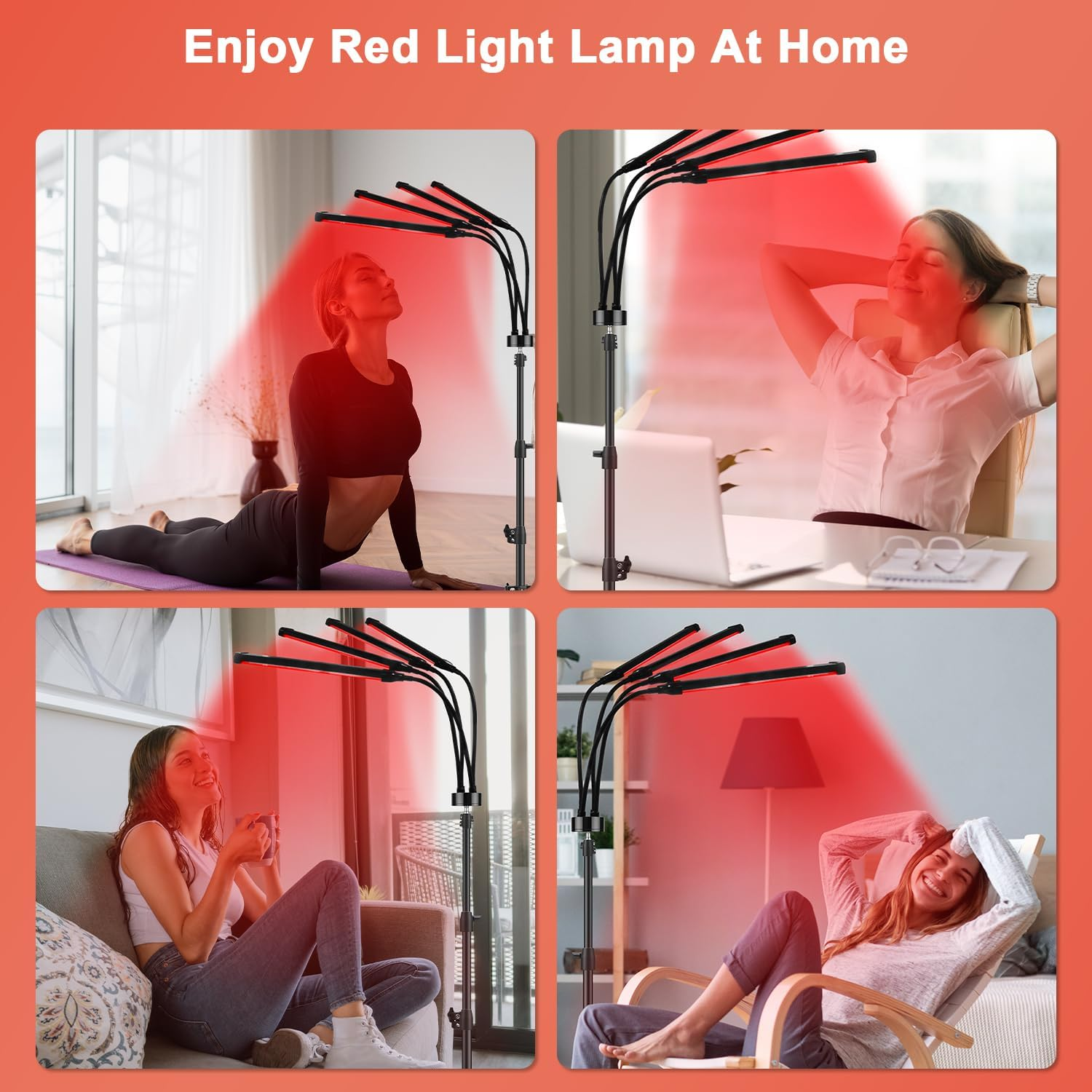 Red Light, 660NM & 850NM Infrared Lamp with Stand, 4 Heads Red Light Lamp with Timer & Brightness Adjustable for Home (Black) image number 3