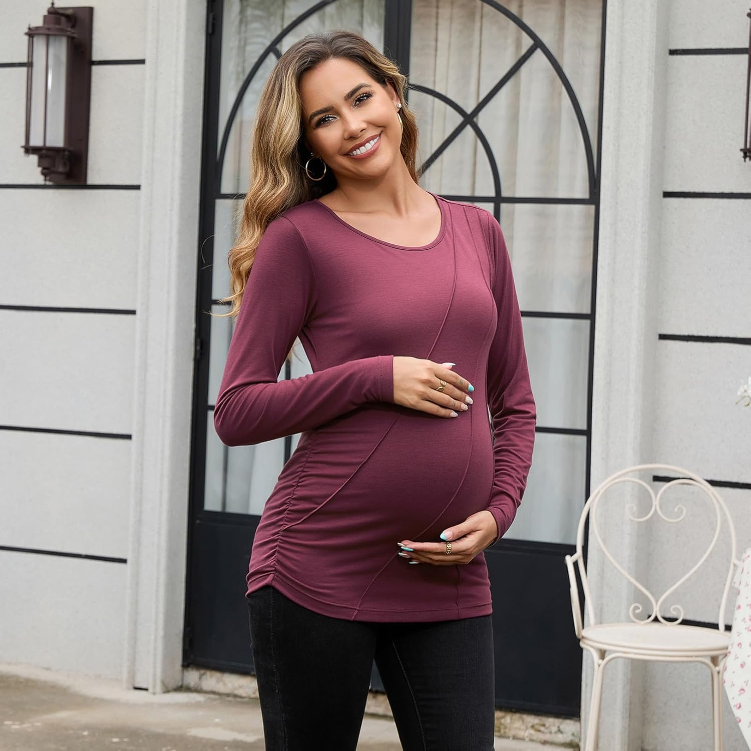 DEBELLY Maternity Long Sleeve Shirt Pleated Crew Neck Pregnancy Top for Women Side Ruched Work Lounge image number 2