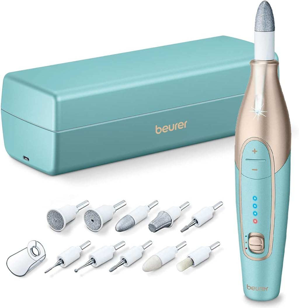 Beurer MP84 Professional Manicure & Pedicure Nail Drill Kit, 14-Piece Cordless Electric Nail File with 10 Attachments, LED Light, Adjustable Speed, Charging Storage Case