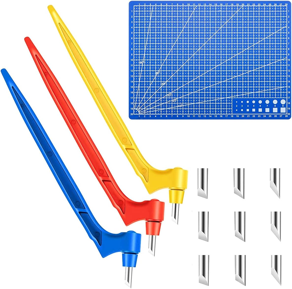 Craft Cutting Tools Kit Set of 3 ，360 Degree Rotating Cutting Tools Art Cutting Tools with Cutting Pen, 15&deg;, 30&deg;, 45&deg; Blades Cutting Mat for DIY Craft Hobby Scrapbook Stencil(Yellow, Blue and Red)