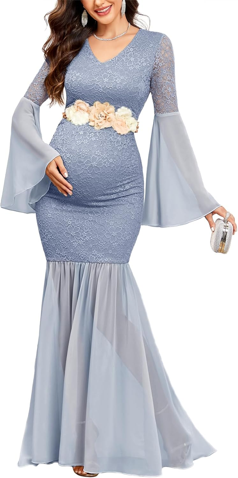 Maternity Dress Baby Shower Long Bell Sleeve Floral Lace Contrast Chiffon V-Neck Mermaid Pregnancy Photoshoot Gown