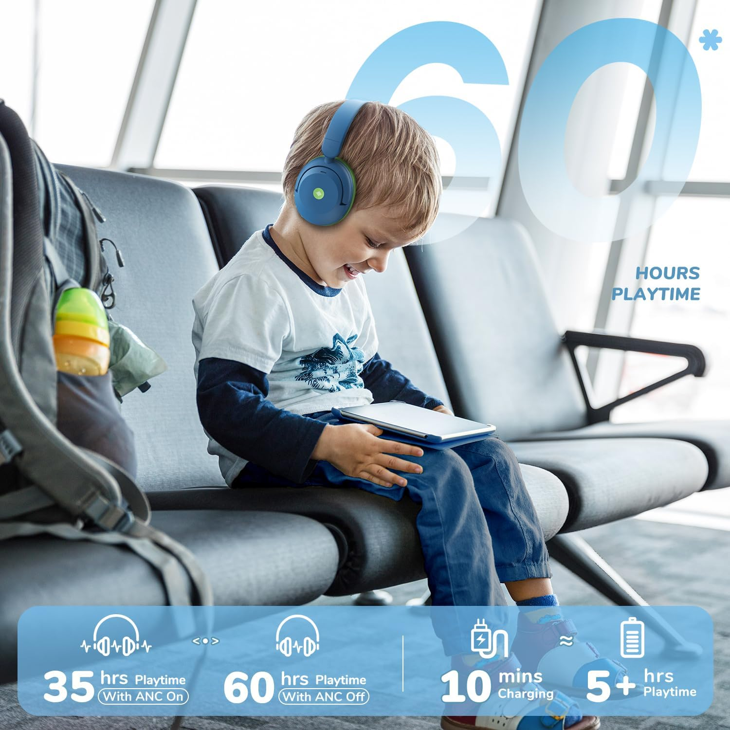 Iclever BTH20 Kids Noise Cancelling Headphones, 60H Play Time,Type C Fast Charging, Safe Volume 80Dba, Bluetooth5.4, Award-Winning Kids Headphones Wireless for Ipad Tablet Airplane, Blue - Blue image number 4