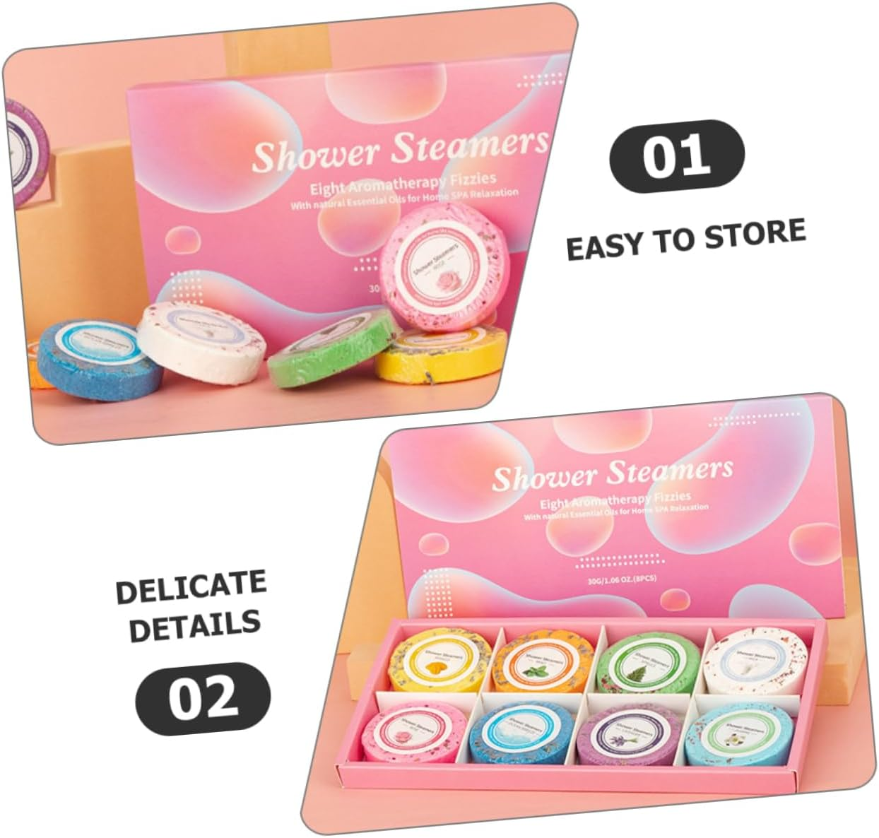 BAZEITFLOW Aromatherapy Bath Tablets 8-Piece Set Natural Essential Oil Shower Tablets Relaxing Bath Drops for Spa Experience for Women and Giving image number 1