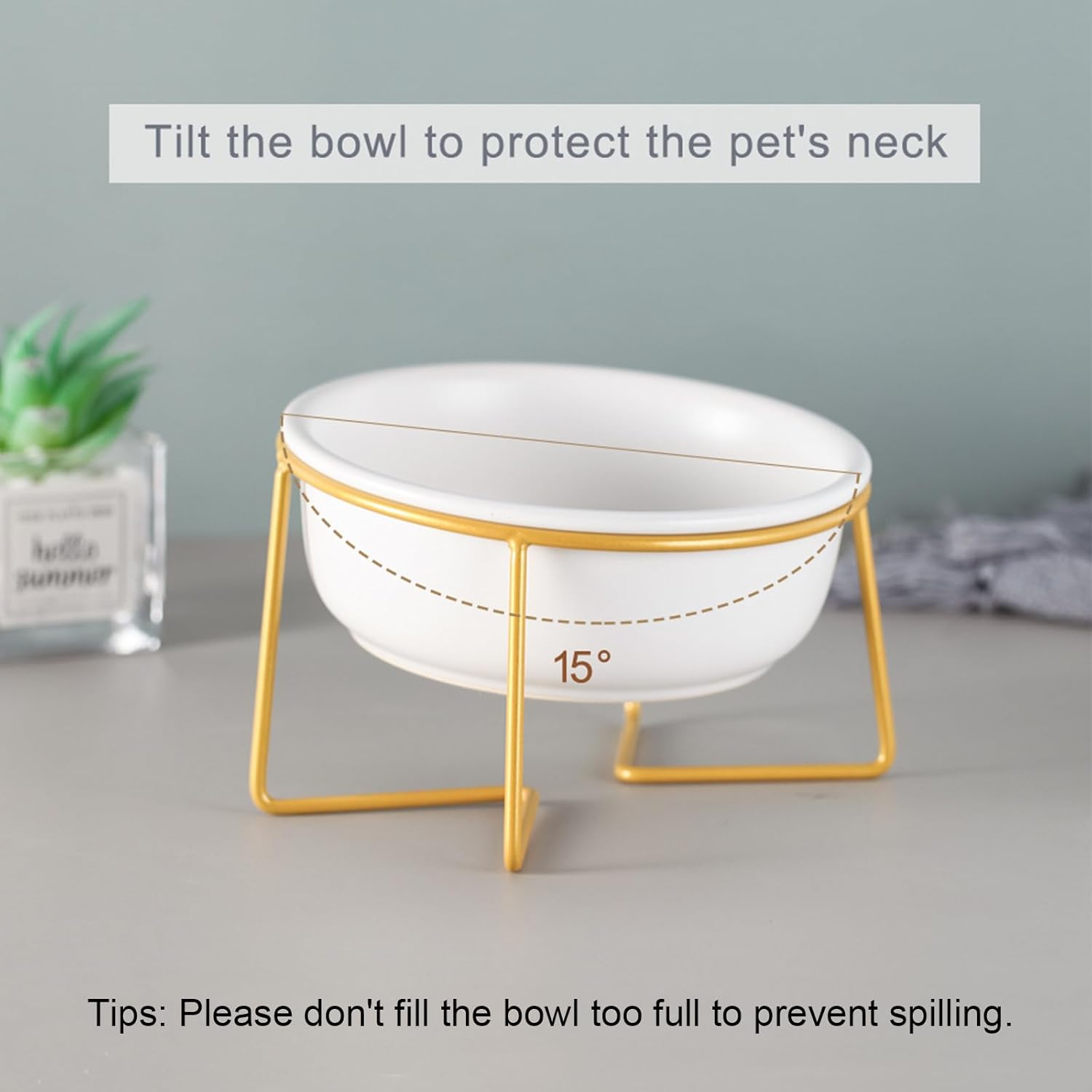 White Small Ceramic Tilted Elevated Cat Dog Bowl Raised Cat Food Water Bowl Dish Pet Comfort Feeding Bowls with Gold Iron Stand