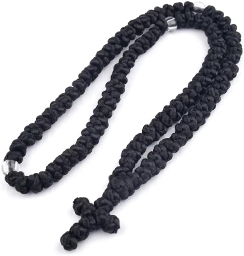 NYGHMY 1 Pcs Christian 100-Knot Prayer Rope (Black with Transparent Beads), Handmade Orthodox Prayer Rope with Cross Charm, Spiritual Protection Blessing, Handmade Transparent Bead Prayer Rope image number 6