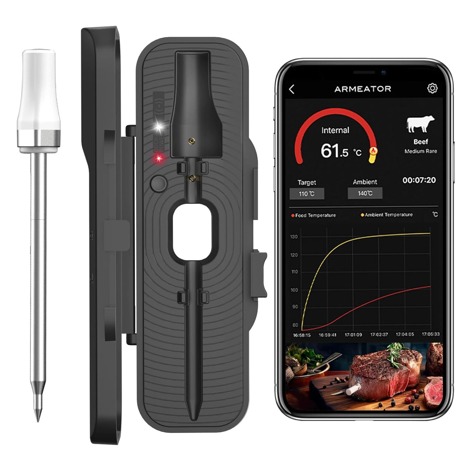 ARMEATOR ONE Smart Wireless Meat Thermometer - 72Hr Battery, 500&deg;C Heat Resistant, 70M Range, Bluetooth 5.3, Ultra-Fine 5.5Mm Probe, Ios/Android App, for BBQ, Grill, Oven, Smoker image number 6