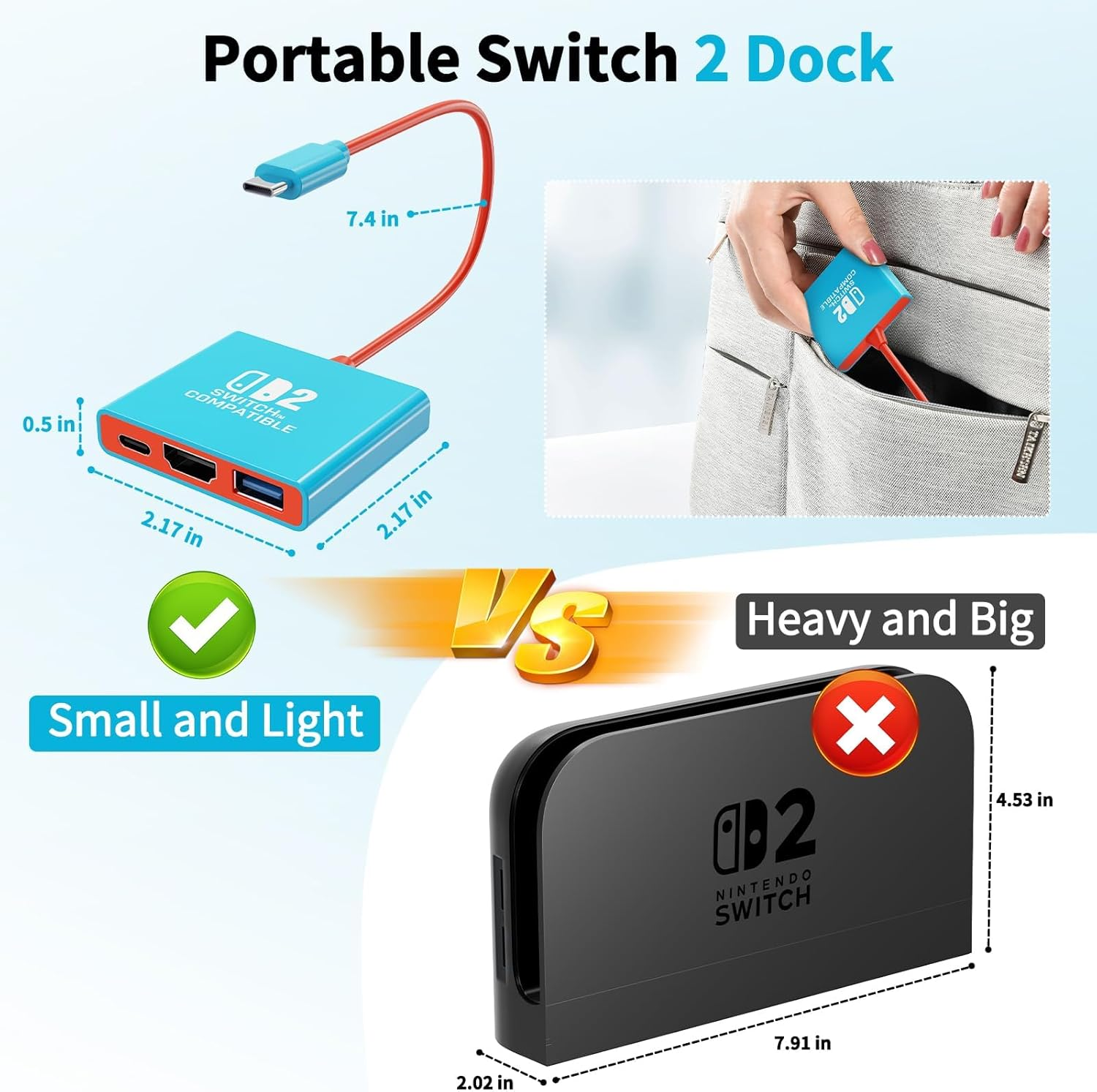 Docking Station Compatible with Nintendo Switch 2, Replacement for Nintendo Switch 2 Dock,Portable Travel Docking Station with HDMI2.0/PD 100W/USB3.0 Port,Support 4K/60HZ Switch 2 TV Mode image number 6