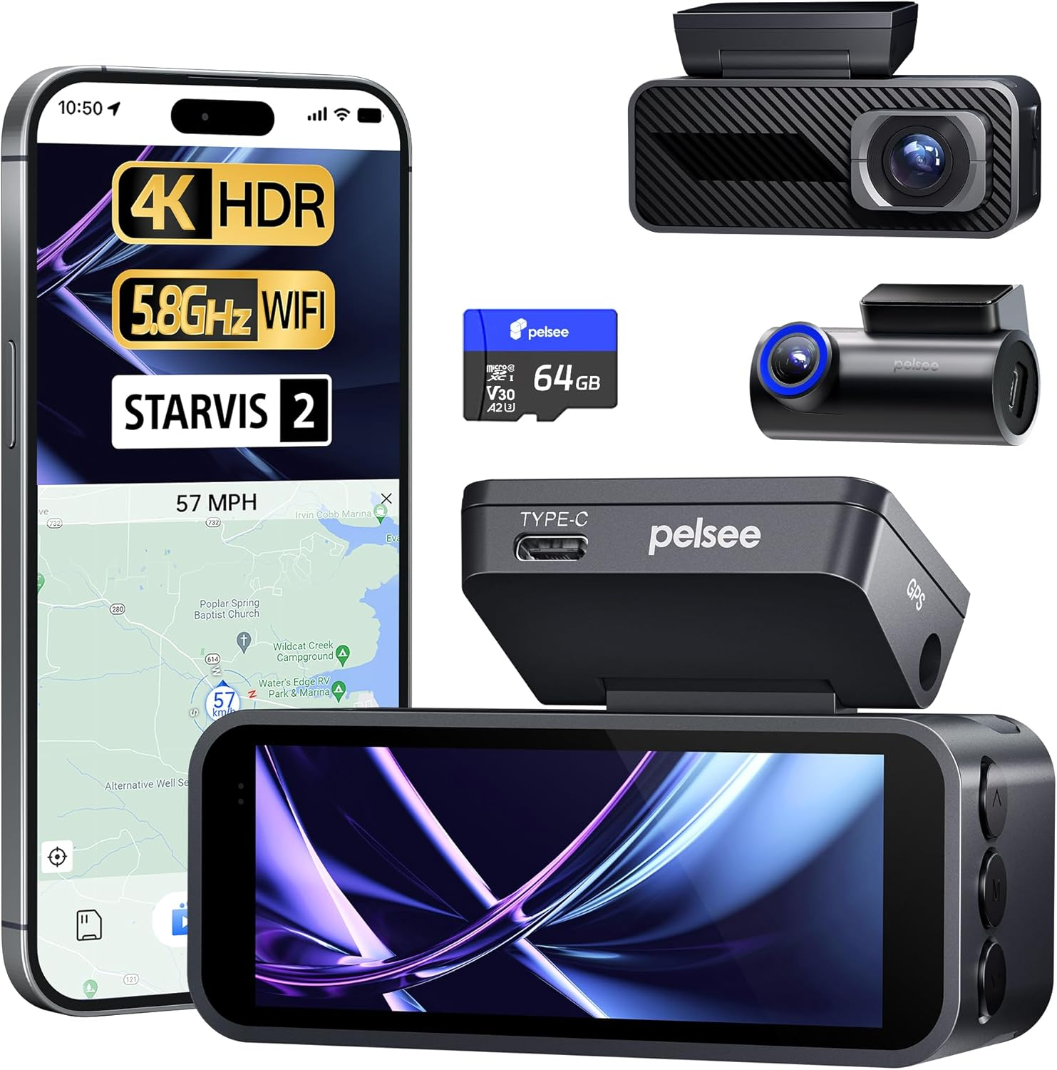 Pelsee P1 Pro Dash Cam Front and Rear, STARVIS 2 Sensor, 4K Dual Dash Camera for Cars with Full-Color Night Vision, HDR WDR, ADAS, GPS, Wifi & Voice Control, 24H Parking Mode, 3.39" Screen, 64GB Card image number 6