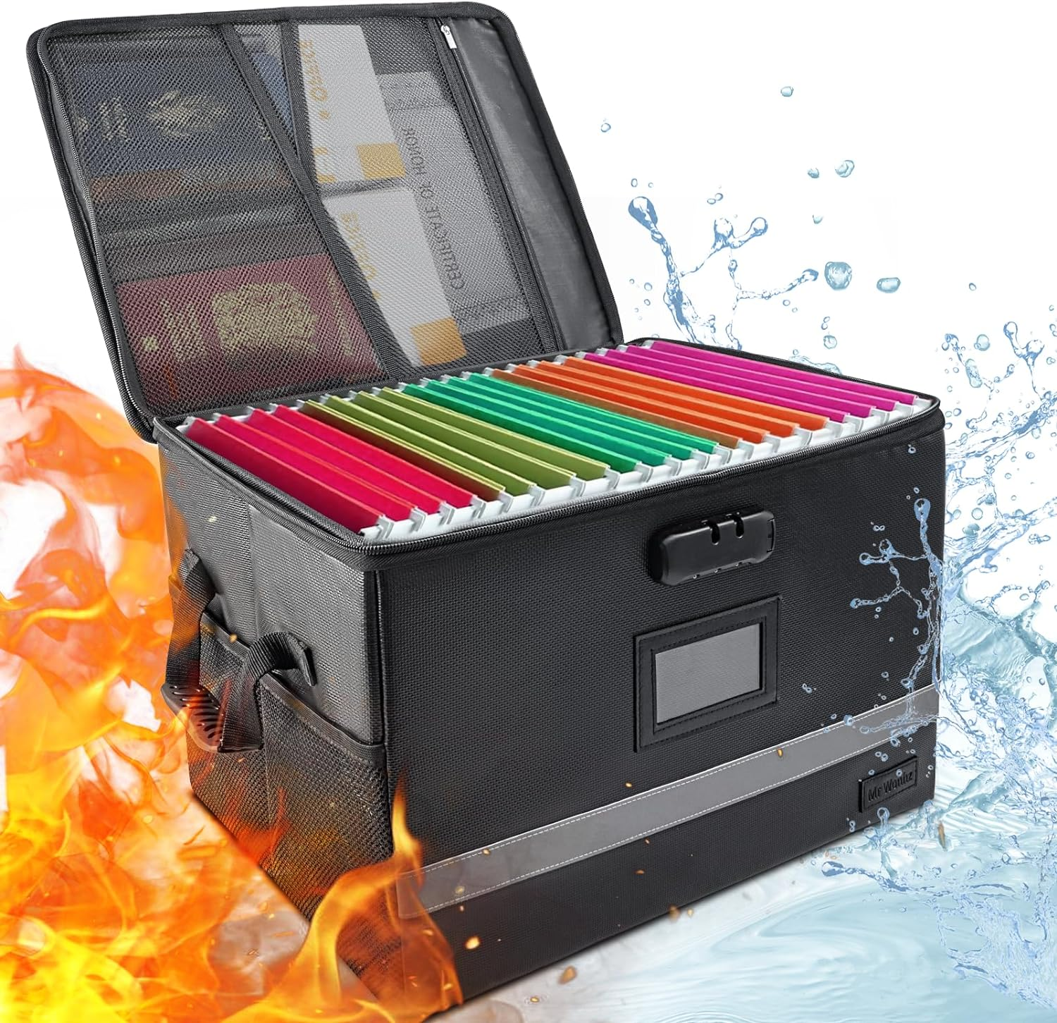 File Box Fireproof Document Box with Lock, File Storage Organizer Anti-Static Filing Box with Handle Portable Collapsible & Reflective Strip for Hanging Letter & Legal Size Folder