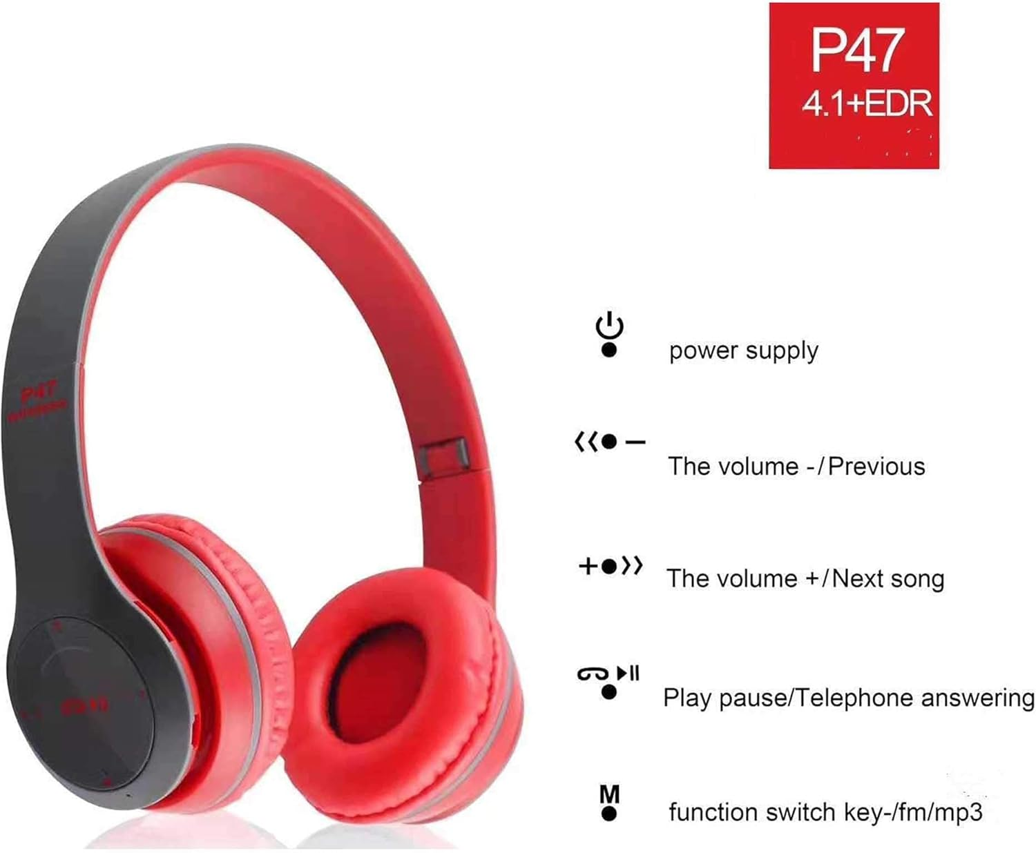 ELLENNE Bluetooth 4.1 Wireless Headphones / 3.5 Mm Headphone - Colour Red - Code 47