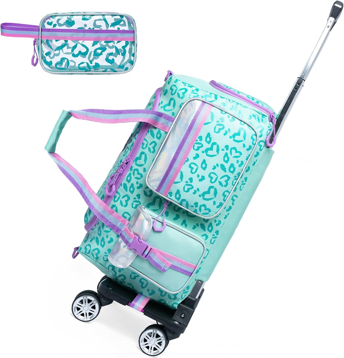 Kids Rolling Duffle Bag with Wheels Women Girls Duffle Bag with Wheels and Handle with Makeup Bag Travel Toiletry Bag, Pink Love