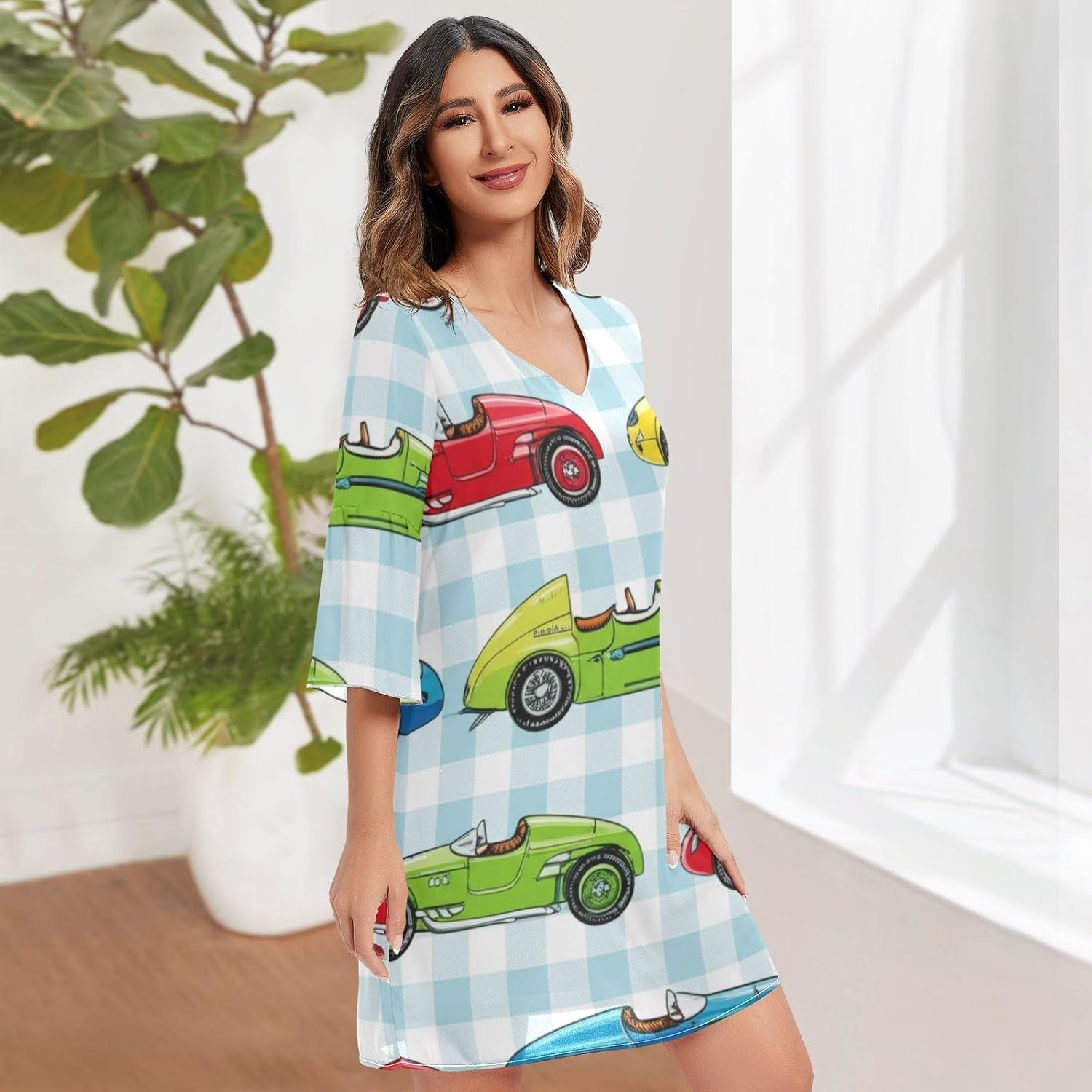 Vintage Race Cars Plaid Western a Line Dress Printed Line Maternity Dress S-XXL image number 1