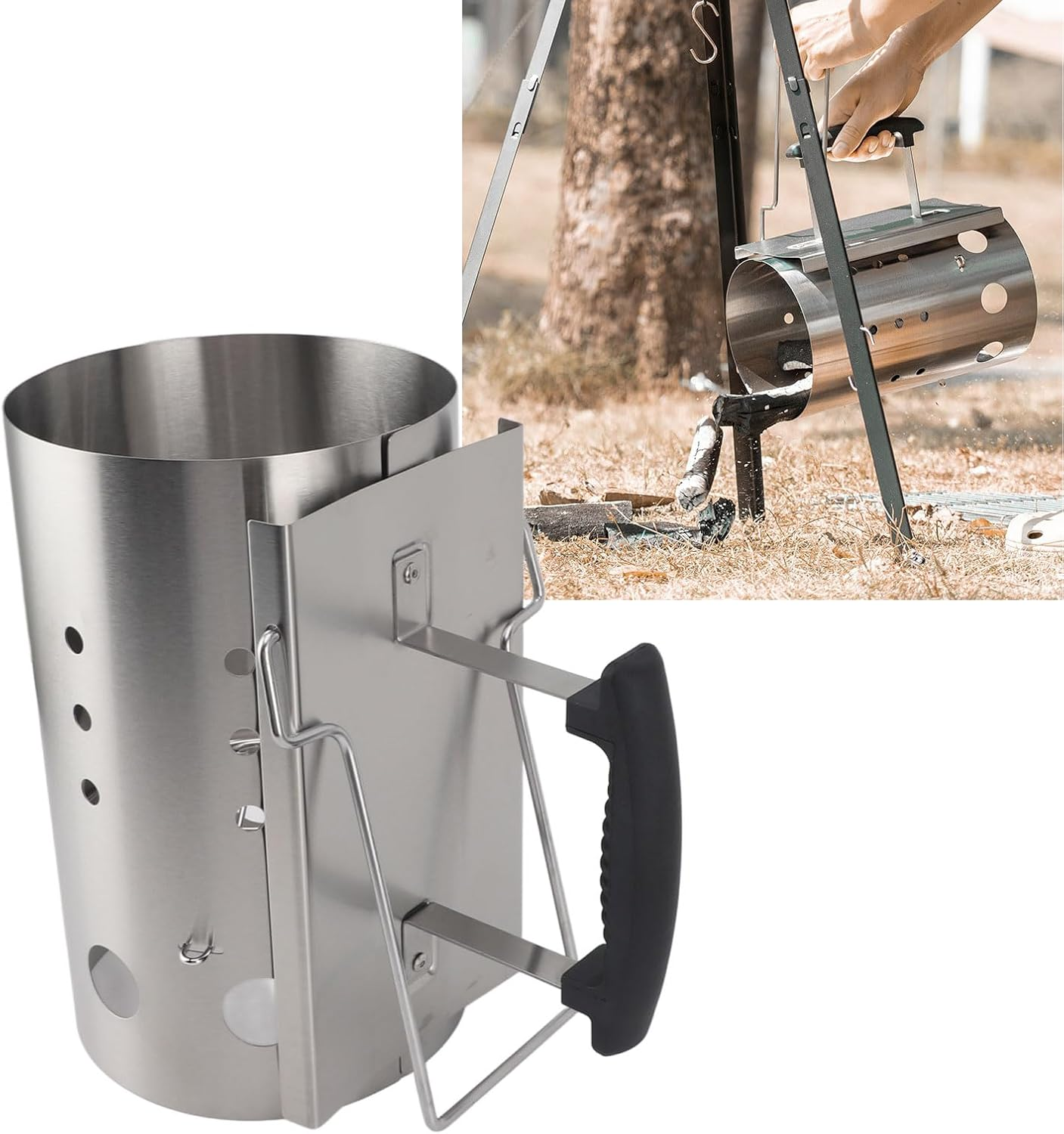 Chimney Starter, Stainless Steel Heavy Duty Charcoal Chimney Starter Portable BBQ Grill Fire Starter Sturdy and Easy to Use BBQ Rapid Fire Starter Tool for Grills Outdoor Camping image number 3