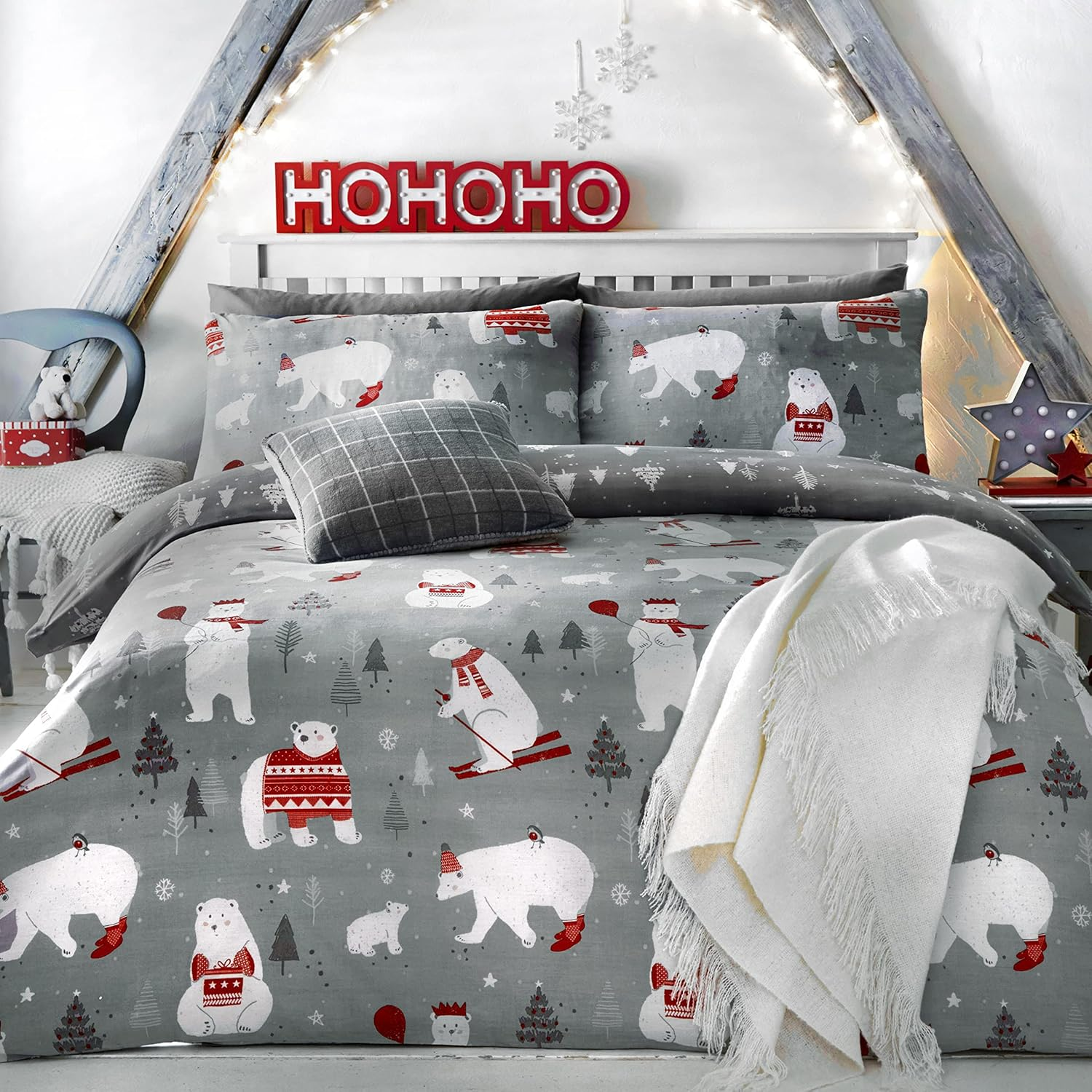 Bedlam Christmas - Polar Bears - Easy Care Duvet Cover Set | Single Bed Size | Silver Bedding