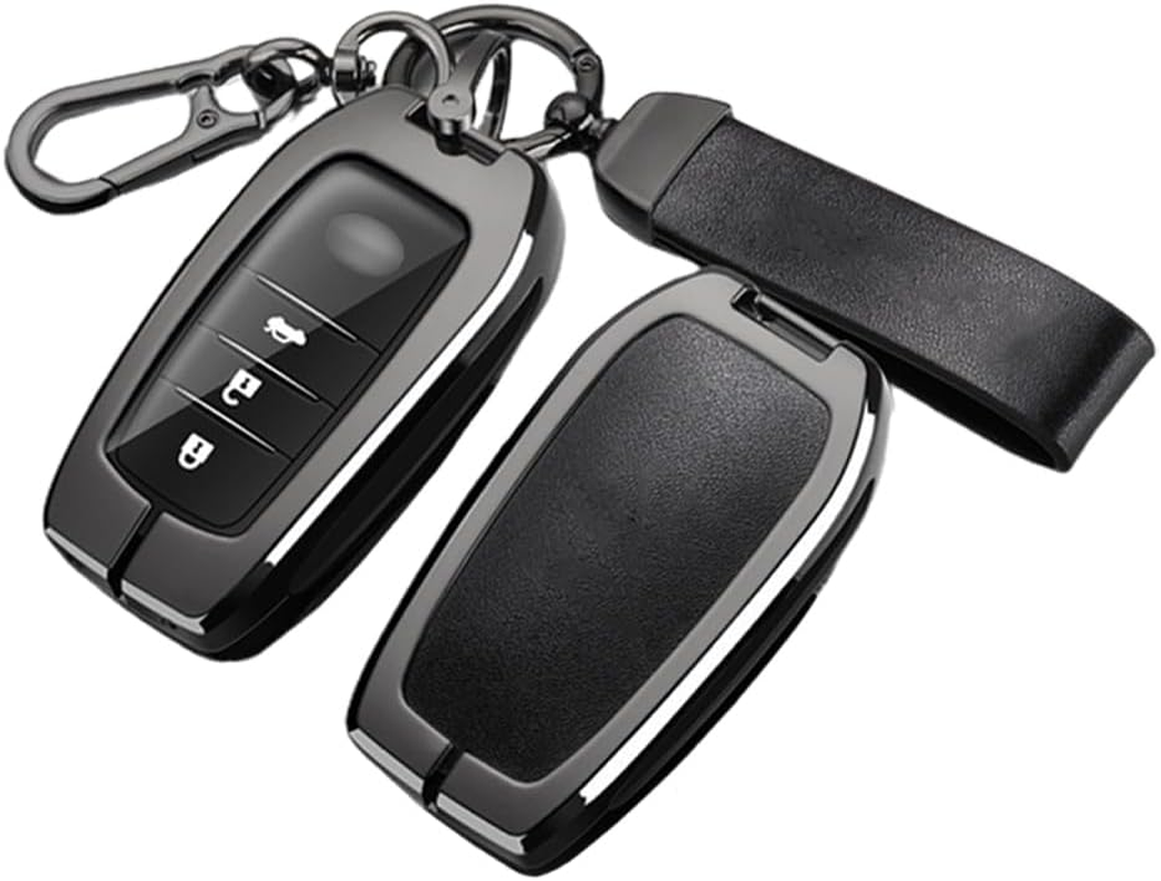 Ontto Alloy Leather Car Key Fob Cover Fit for Toyota Land Cruiser 200 300 Prado Crown TLK 200 Yaris Cross Hilux Innova Fortuner Smart Key Holder Case Keyring Shell Bag Keychain Accessories