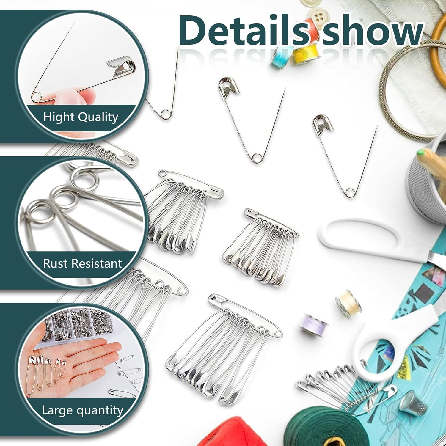 Safety Pins, Safety Pins Assorted, 300 Pack Strong and Heavy Duty Variety Pack for Clothes, Crafts, Pinning and Arts & Craft, Silver image number 5