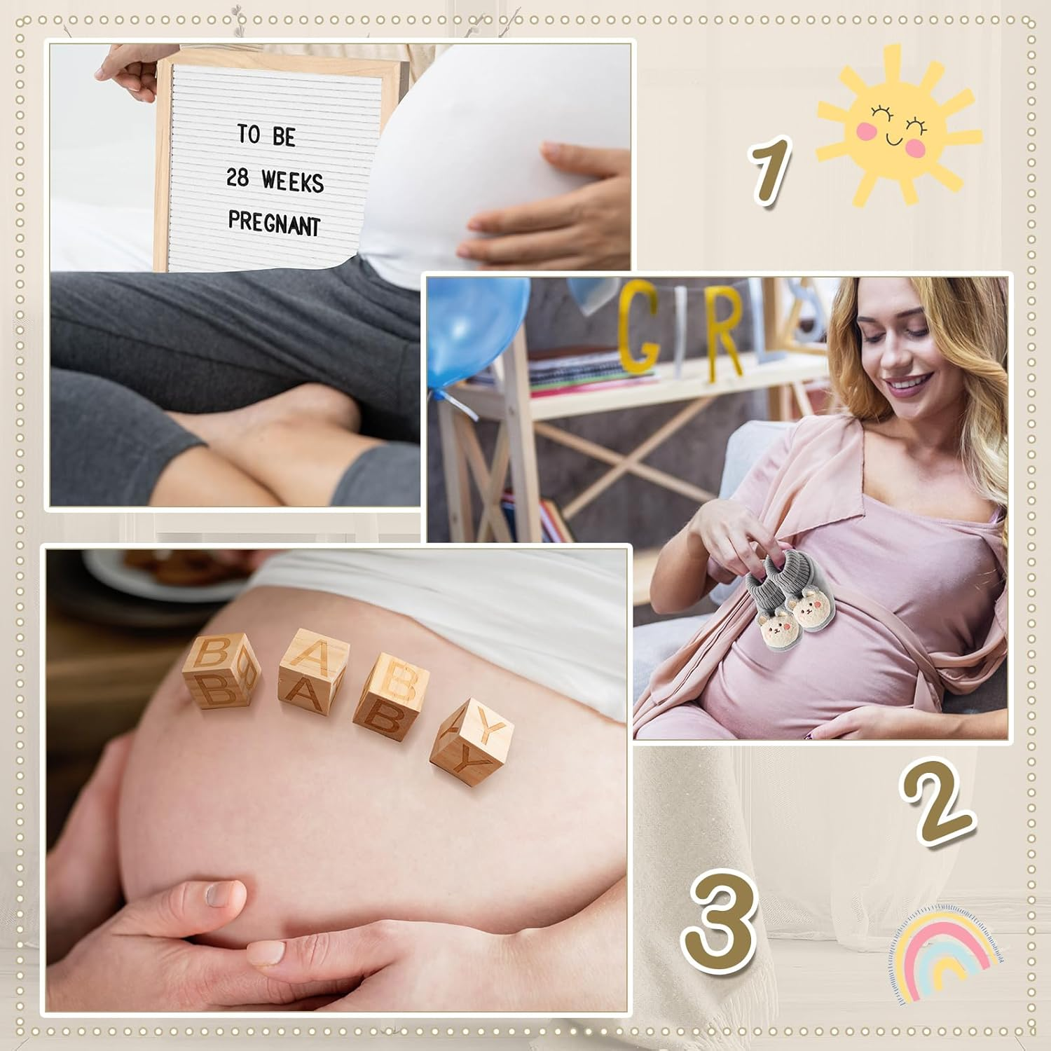 9 Pcs Pregnancy Announcement Set Pregnancy Reveal Ideas Felt Letter Board Baby Bodysuit Baby Booties Photo Frame Bear Plush Baby Wood Blocks for Coming Soon Baby Announcement (White,Bright) image number 6