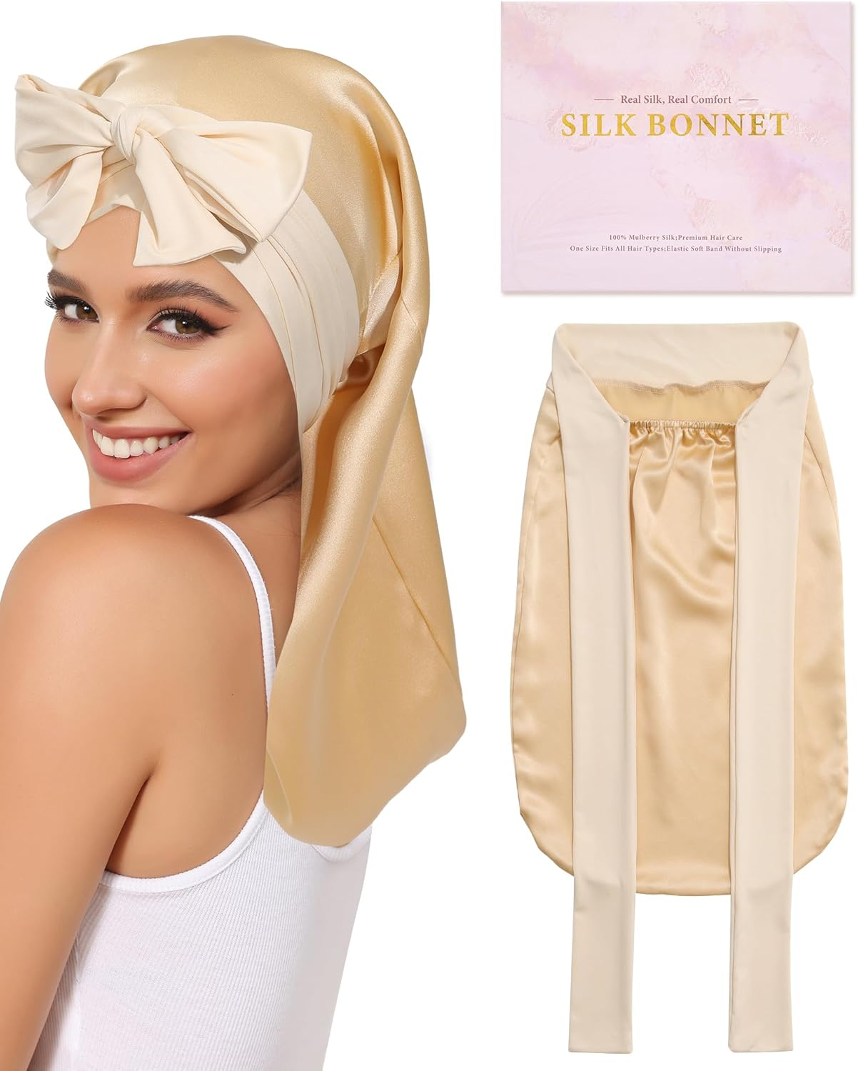 AWAYTR 100% Mulberry Silk Bonnet - Long Hair Cap for Sleeping Tie Band Bonnet for Braids Curly Hair