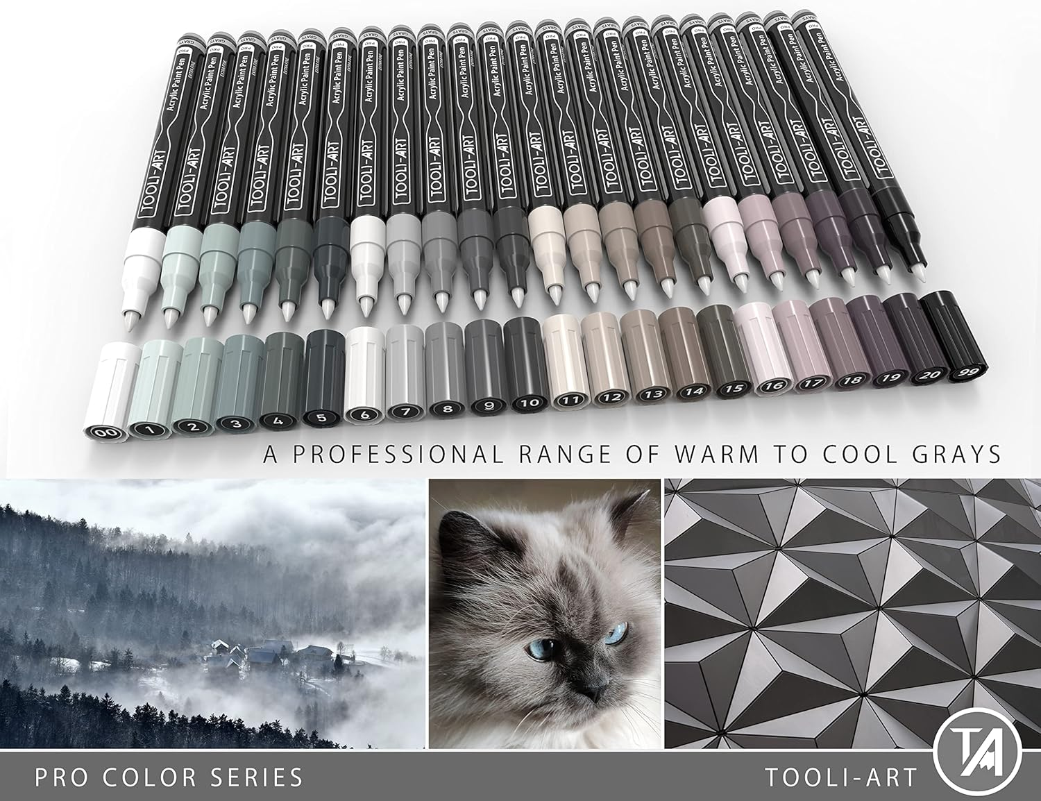 Acrylic Paint Pens 22 Assorted Gray Pro Color Series Markers Set 0.7Mm Extra Fine Tip for Rock Painting, Glass, Mugs, Wood, Metal, Canvas, DIY Projects, Outlining, Detailing. Non Toxic, Waterbased image number 1