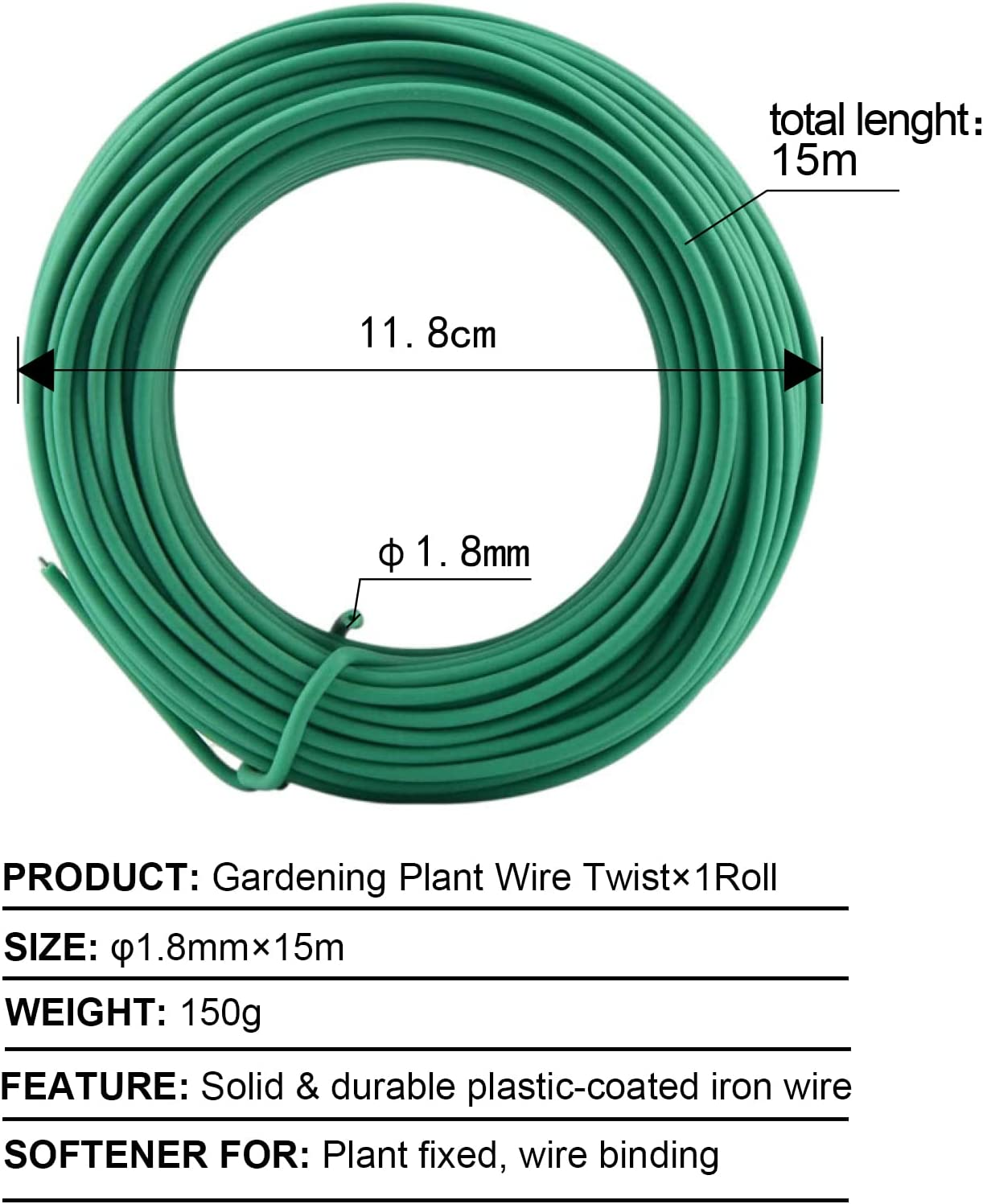 Gardening Plant Wire Twist Ties Plastic Coated Ties for Home Office and Garden (15M Twist Tie &times; 1Pcs (&Phi;1.8Mm))