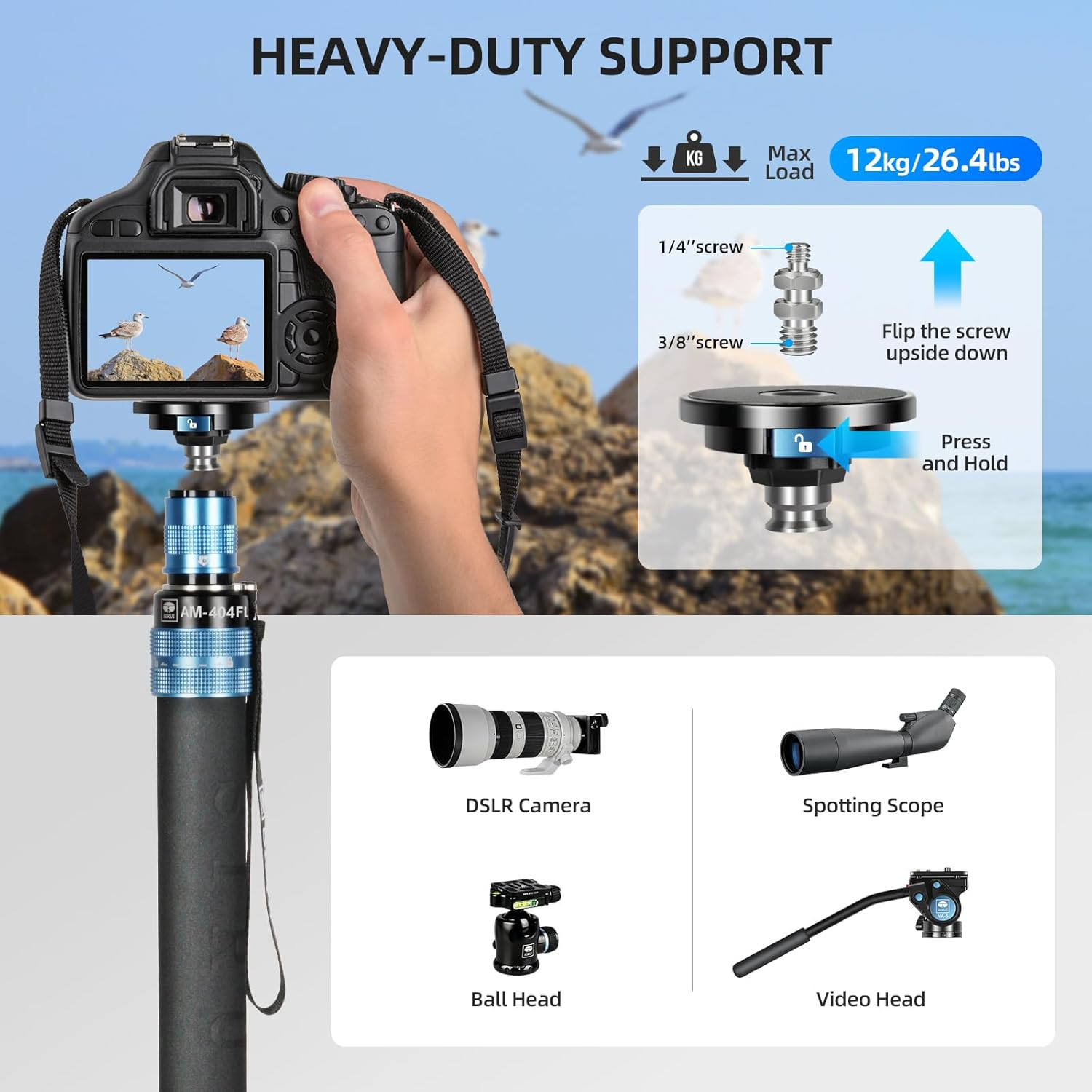 SIRUI AM-404FL Camera Hiking Pole Monopod with Stand, 190 Cm Aluminium Tripod, Innovative Quick Release Design, 360&deg; Panoramic Panning, 4 Sections, Maximum Load 12 Kg image number 4