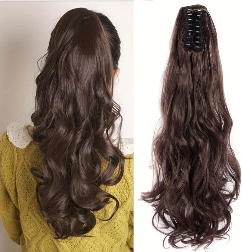 20In Long Wavy Dark Brown Hair Extension, Clip-In Synthetic Curly Hairpiece, Heat Resistant Fibre for Women, Natural Looking Volume and Length image number 1