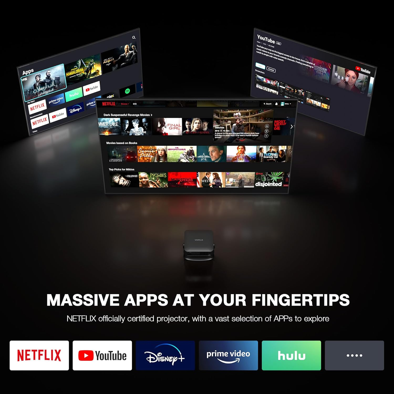 Mini Projector 4K [360&deg;Adjustable Stand & Auto Focus/Keystone] with Netflix Officially, VOPLLS 600ANSI Wifi Bluetooth 1080P Full HD Portable Projector, Smart Moive Projector for Bedroom/Outdoor/Phone image number 6