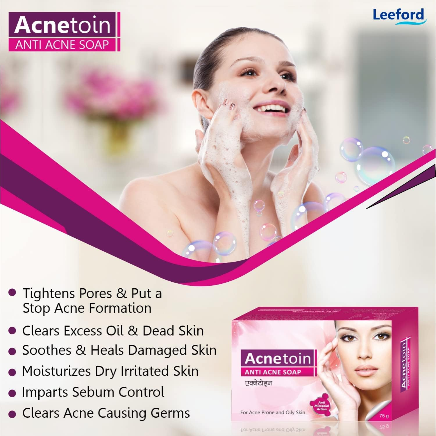 Leeford Women'S Acnetoin anti Acne Bathing Soap Bar Combo Pack - Enriched with Tea Tree Oil & Vitamin E | (75G Each Each) (Pack of 4) image number 1