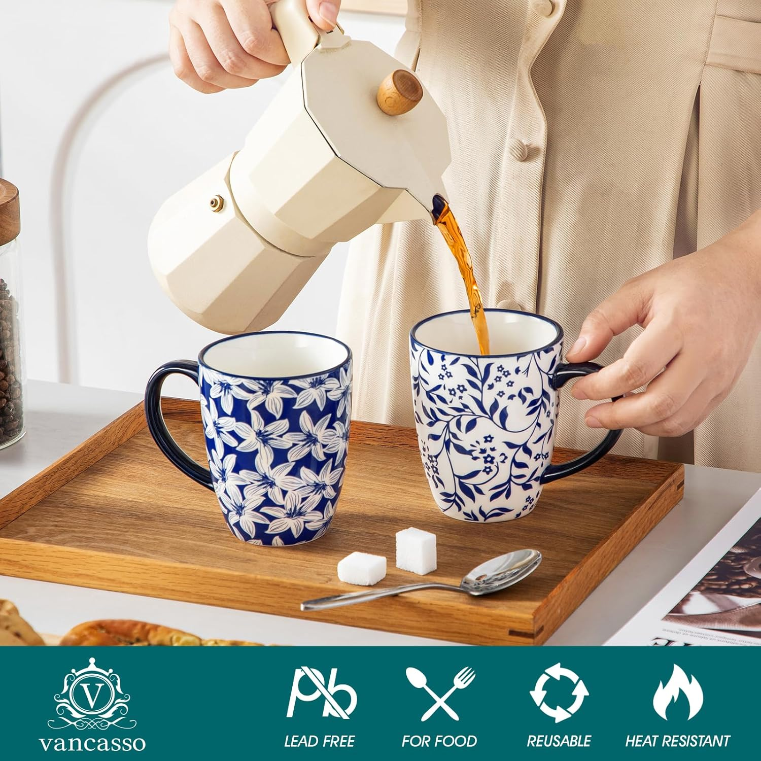 Vancasso Selene Coffee Cups Set of 6 Porcelain Mugs, 360 Ml Coffee Cups with Handle, Cup for Coffee, Milk, Tea & Cocoa, Vintage Blue/White image number 3