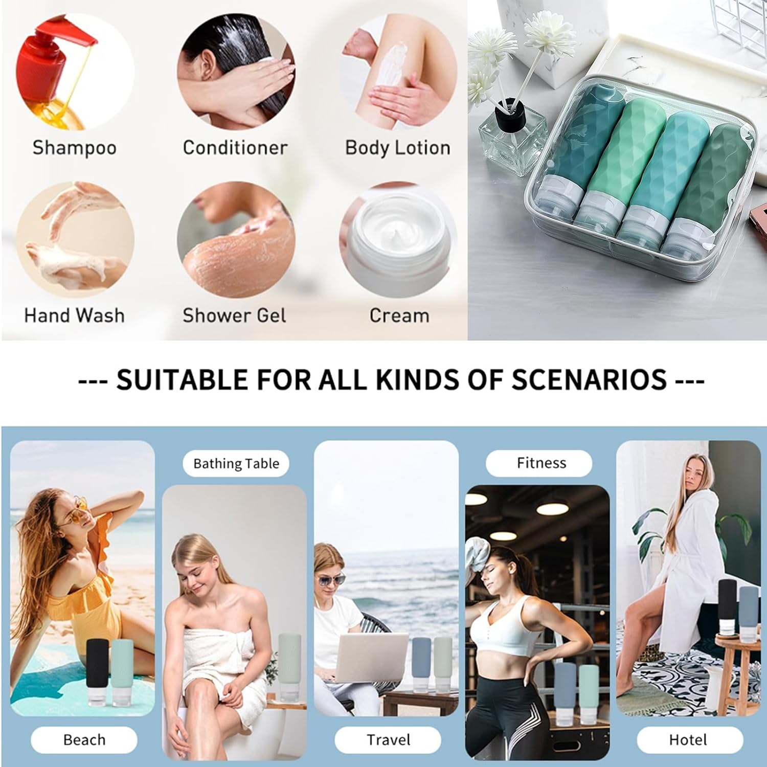 Silicone Travel Bottles Set with Labels, 90 Ml Travel Bottles Set with Clear Zipper Bag, Leakproof Refillable Squeeze Travel Containers for Shampoo Conditioner Lotion Liquid Soap, Shower Gel image number 2