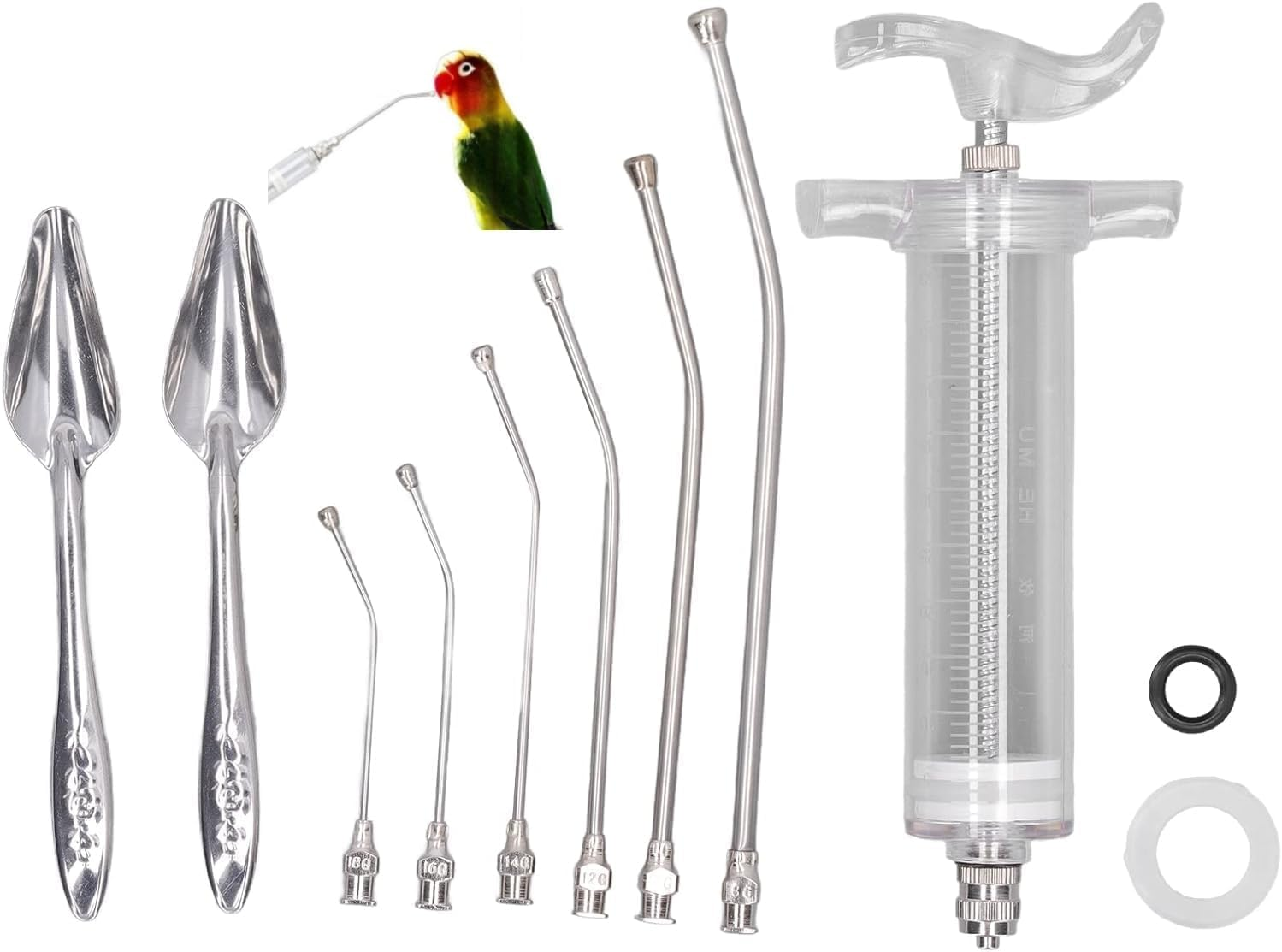 Manual Feeding Syringe Set Feeding Tubes with Curved Gavage Tubes and Stainless Steel Metal Feeding Spoon for Baby Birds Parrot Small Pet image number 4
