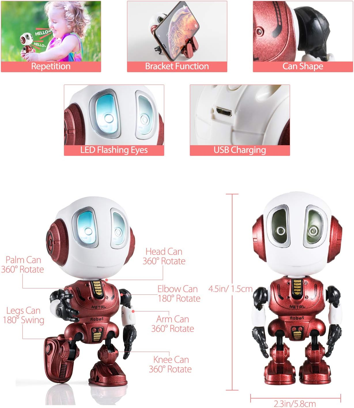 Kids Toys Boys Girls Robots Toys Christmas Stocking Stuffers 2019 New Mini Talking Robots Gifts for Adults with 10 Hours Working Time USB Charging LED Eyes Interactive Electronic Toy（Red） image number 1