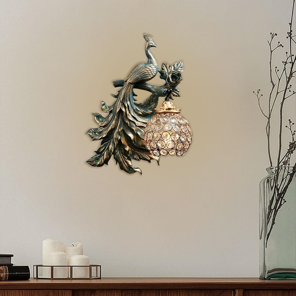 Peacock Wall Sconce Resin Wall Mount Light Crystal Globe Wall Lamp Fixture, Vintage Peacock Sconces Wall Lighting Fixture European Style Wall Lamps for Farmhouse Restaurant XXZ image number 3