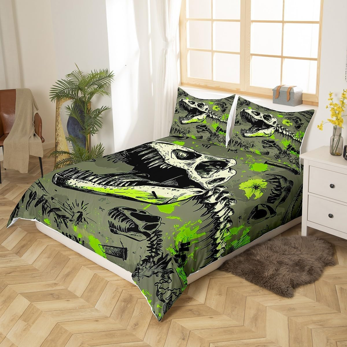 Homewish Dinosaur Duvet Cover Set, Gothic Dino Skull Comforter Cover, Jungle Animal, 135 X 200 Cm Bed Linen Set, Dinosaurios Skeleton Bed Set, Wildlife Room Decor image number 4