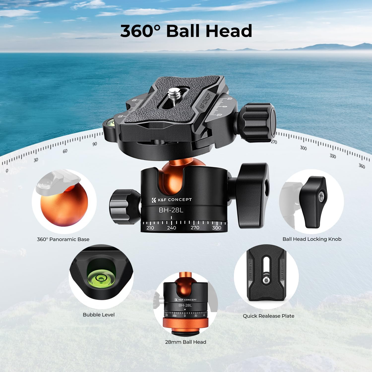 K&F CONCEPT 78 Inch/200Cm Camera Tripod, DSLR Compact Aluminum Tripod Monopod with 360 Degree Ball Head Load Capacity 10KG for Travel Indoor Outdoor Use, K234A7+BH-28L (S210+KF28)