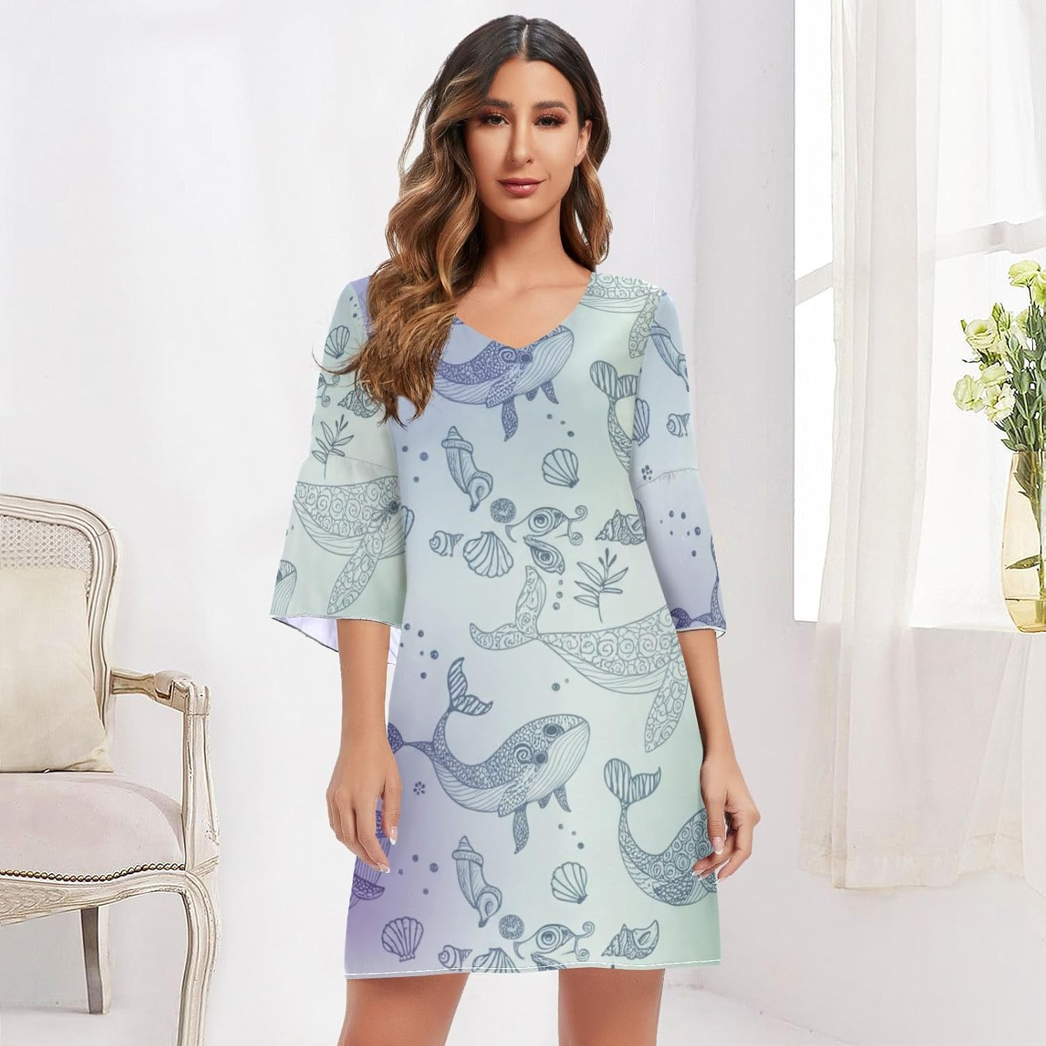 Cute Whales Pastel Casual Dress Printed Line Maternity Dress S-XXL image number 5