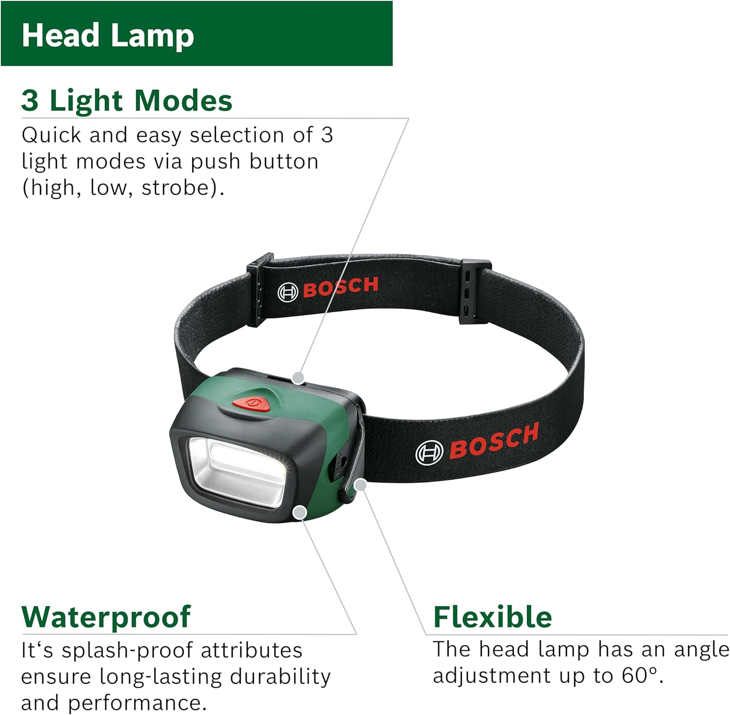 Bosch LED Head/Stand Lamp, without Batteries, 190 Lm Intensity, 28M Lighting Reach, 60&deg; Angle Adjustment, Triple Brightness Settings, IPX 4 Water-Resistant, DIY & Outdoor Use (Headlamp) image number 2