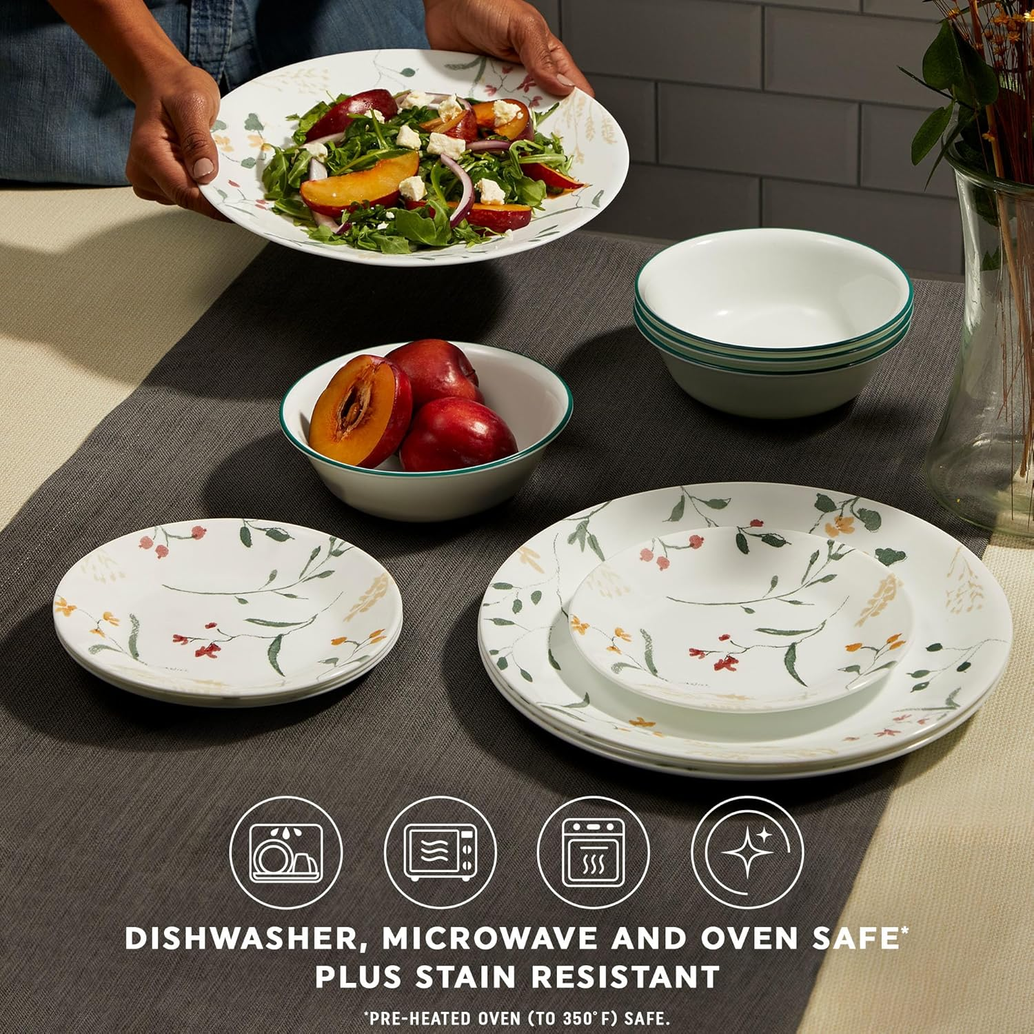 Corelle Vitrelle 18 Piece Glass Dinnerware Sets, Service for 6, Triple Layer Chip & Crack Resistant Glass Plate and Bowl Sets, Wildflower - Anders image number 5